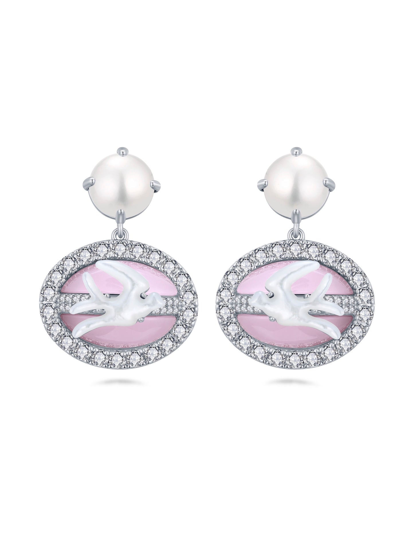 Mother-of-pearl Swallow Overlaid with Pink Glass Pearl Earrings