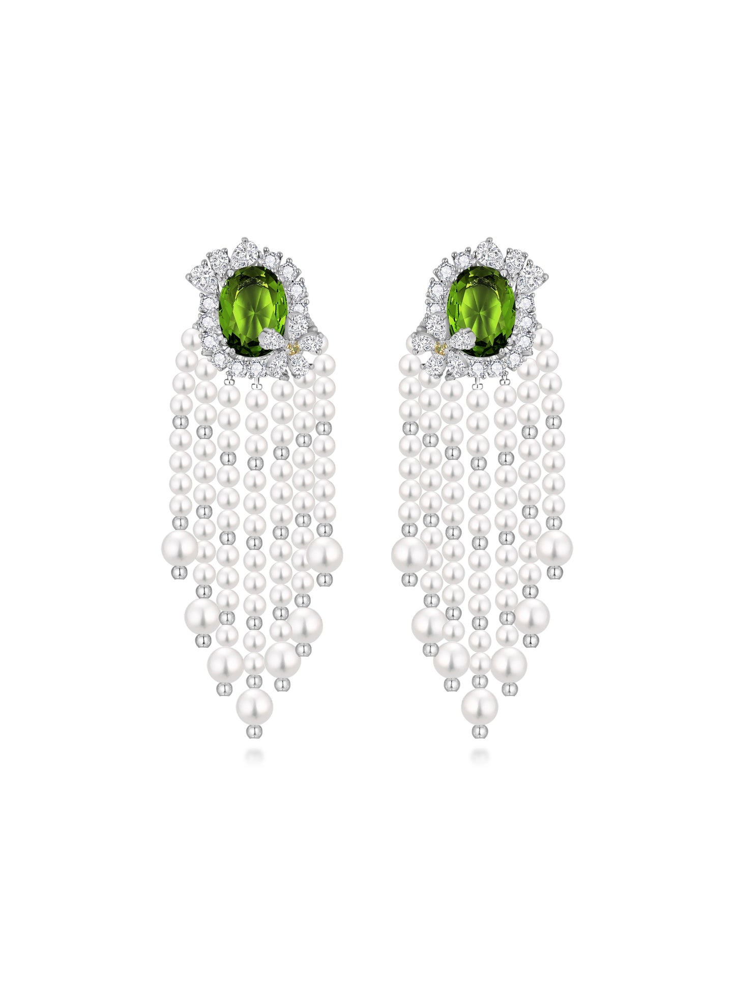 Green Crystal & Pearl Tassel Earrings