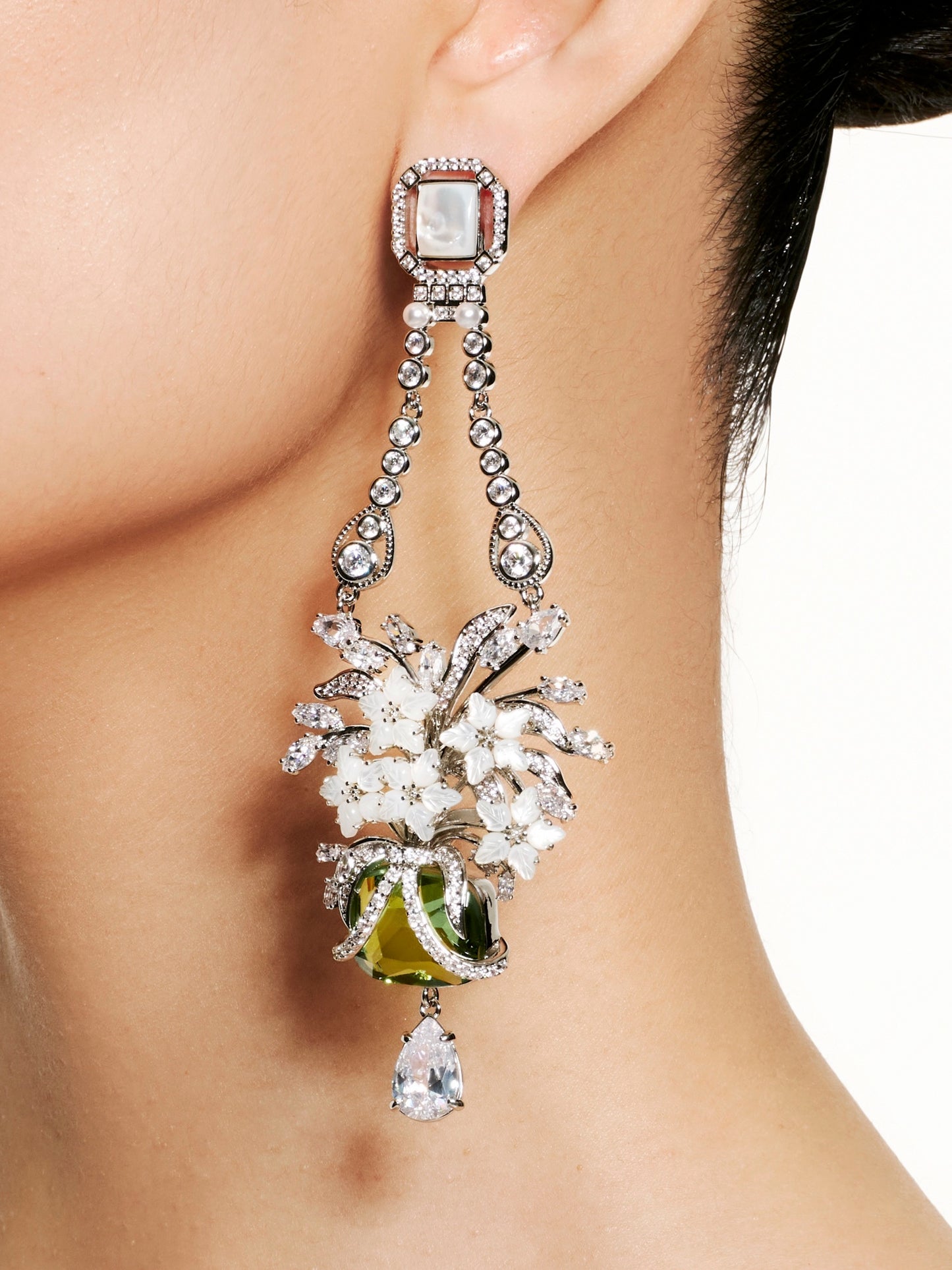 Mother-of-pearl Floral Inlays with Green Crystal Chandelier Earrings