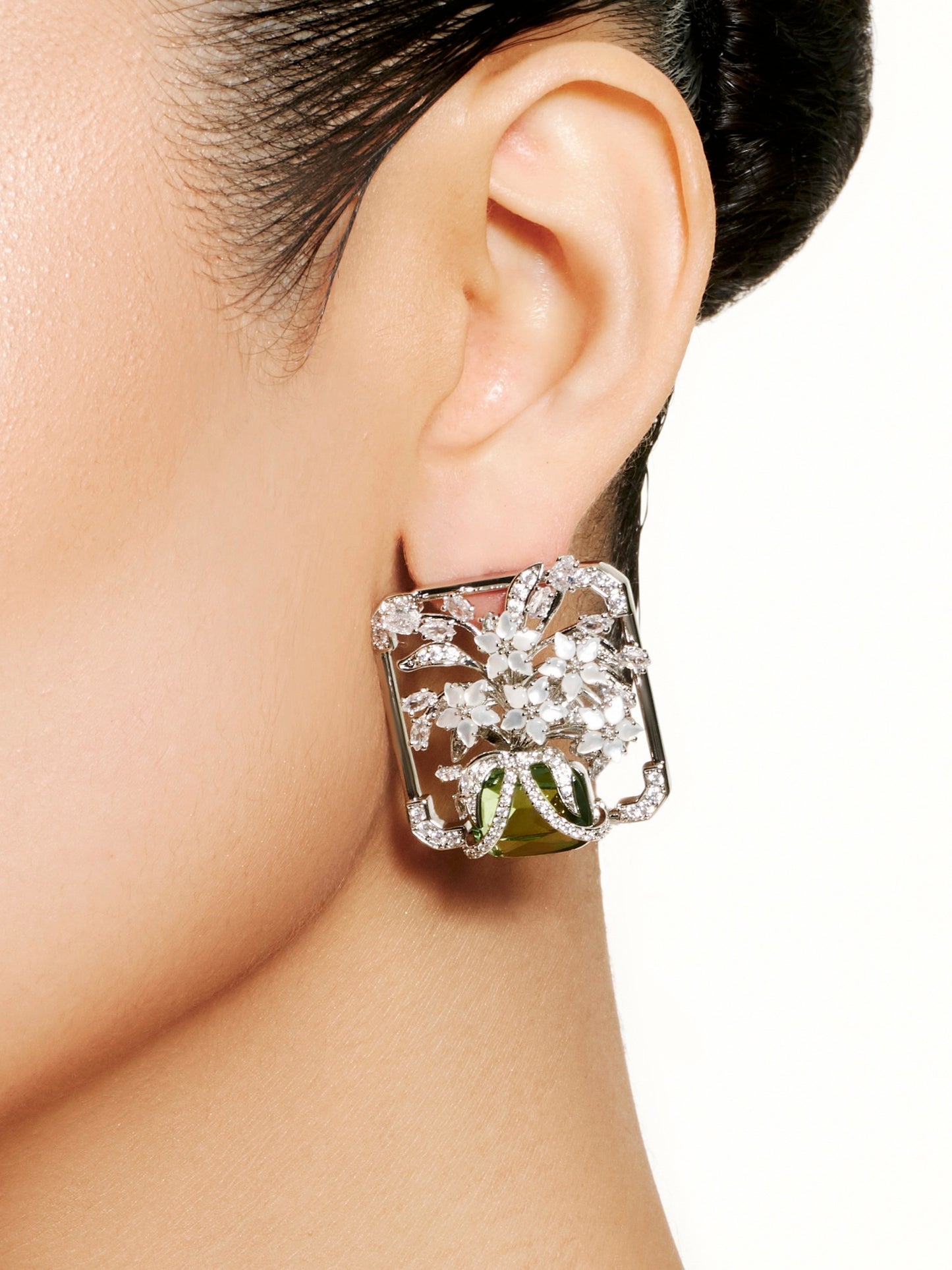 Square Frame Mother-of-pearl Floral Inlays with Green Crystal Earrings