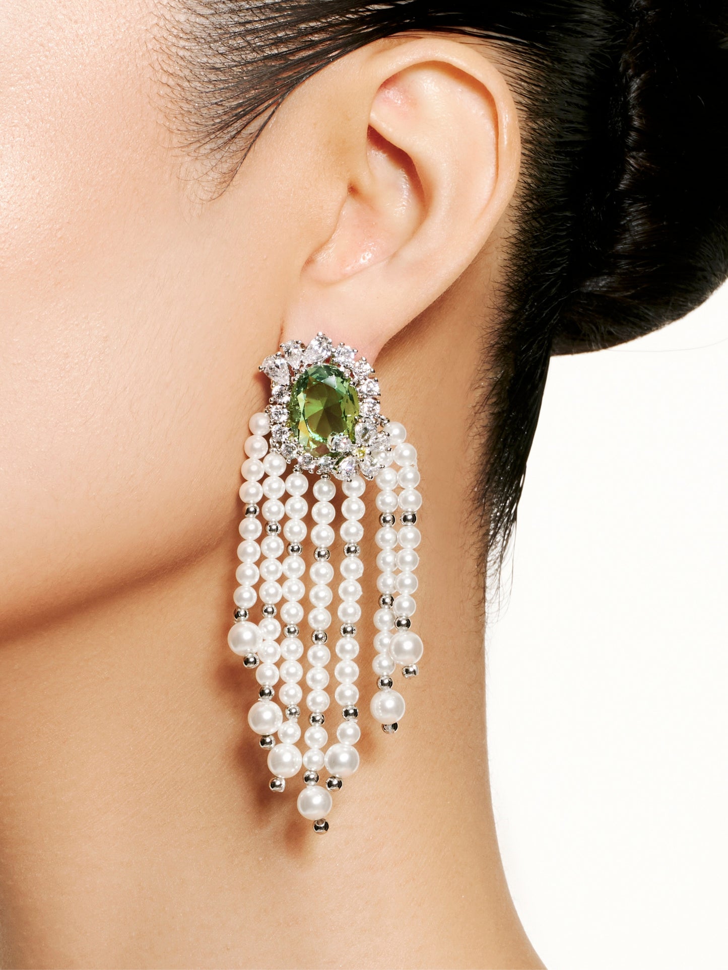 Green Crystal & Pearl Tassel Earrings