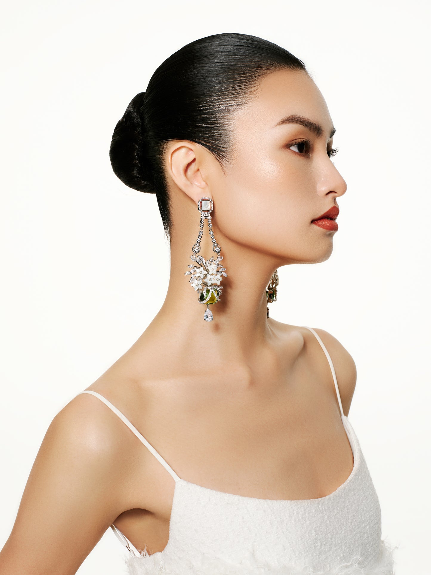 Mother-of-pearl Floral Inlays with Green Crystal Chandelier Earrings