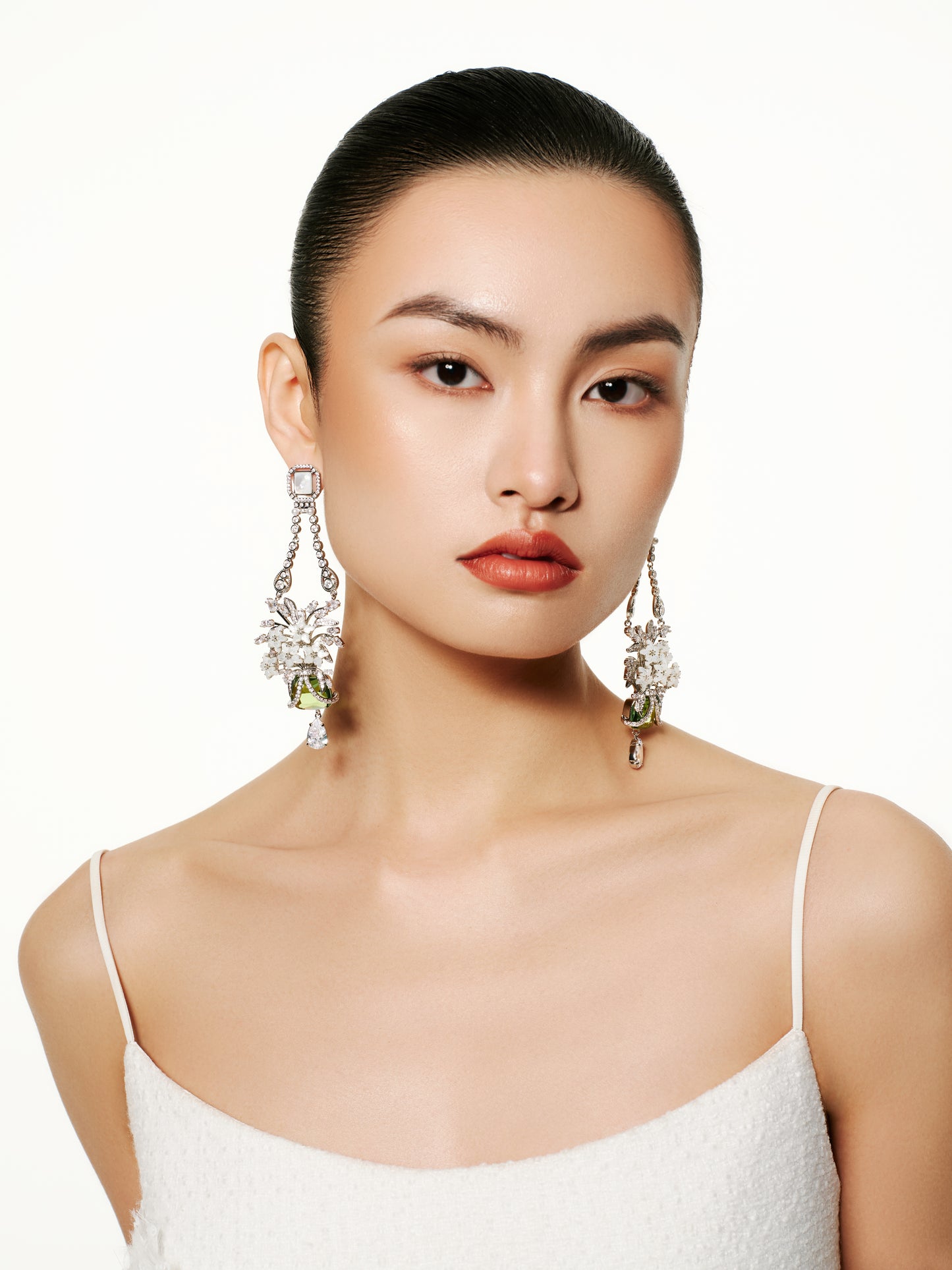 Mother-of-pearl Floral Inlays with Green Crystal Chandelier Earrings