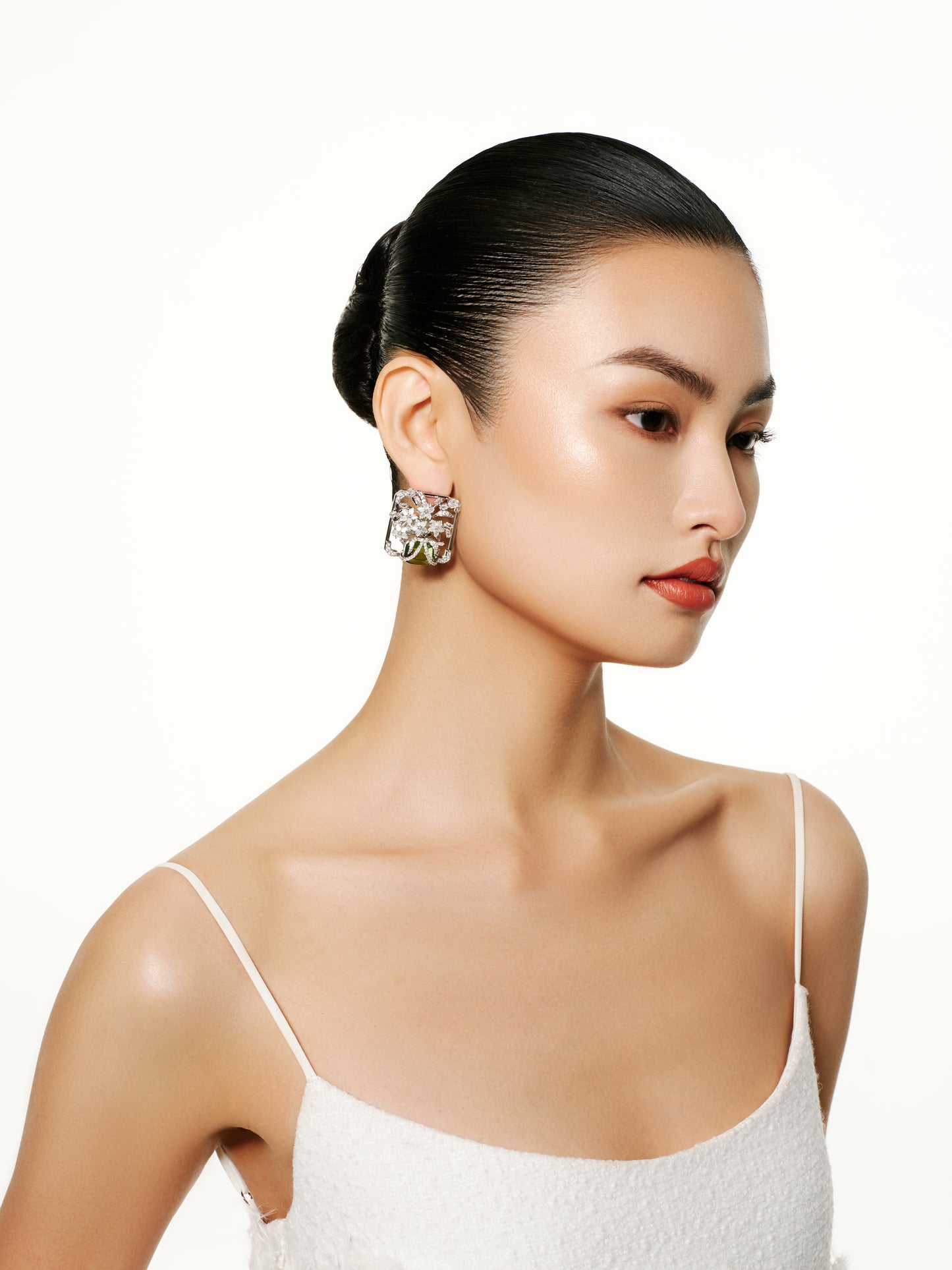 Square Frame Mother-of-pearl Floral Inlays with Green Crystal Earrings