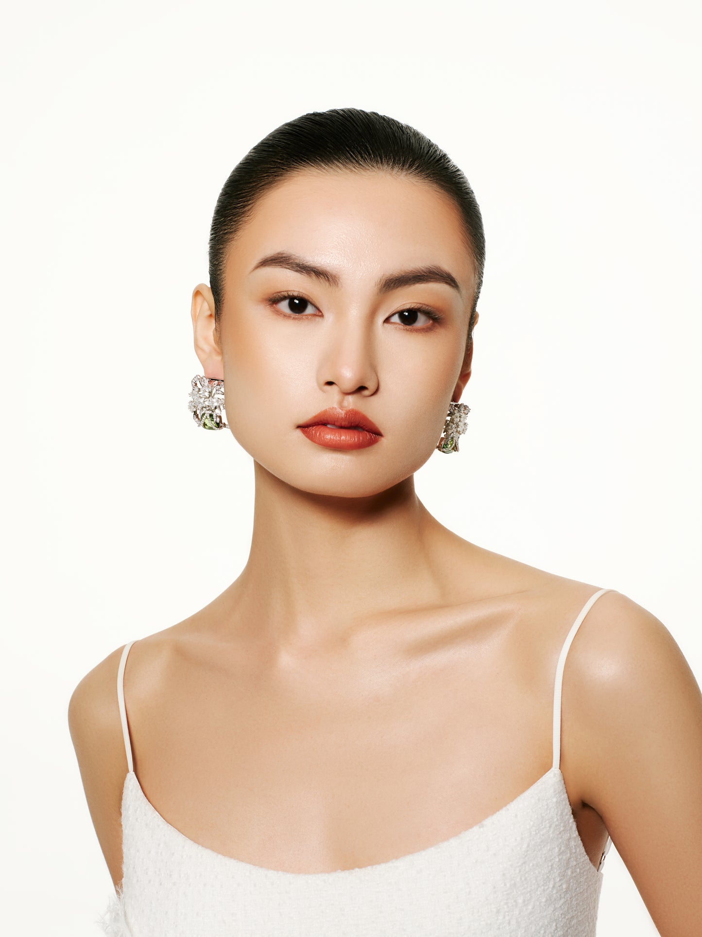 Square Frame Mother-of-pearl Floral Inlays with Green Crystal Earrings