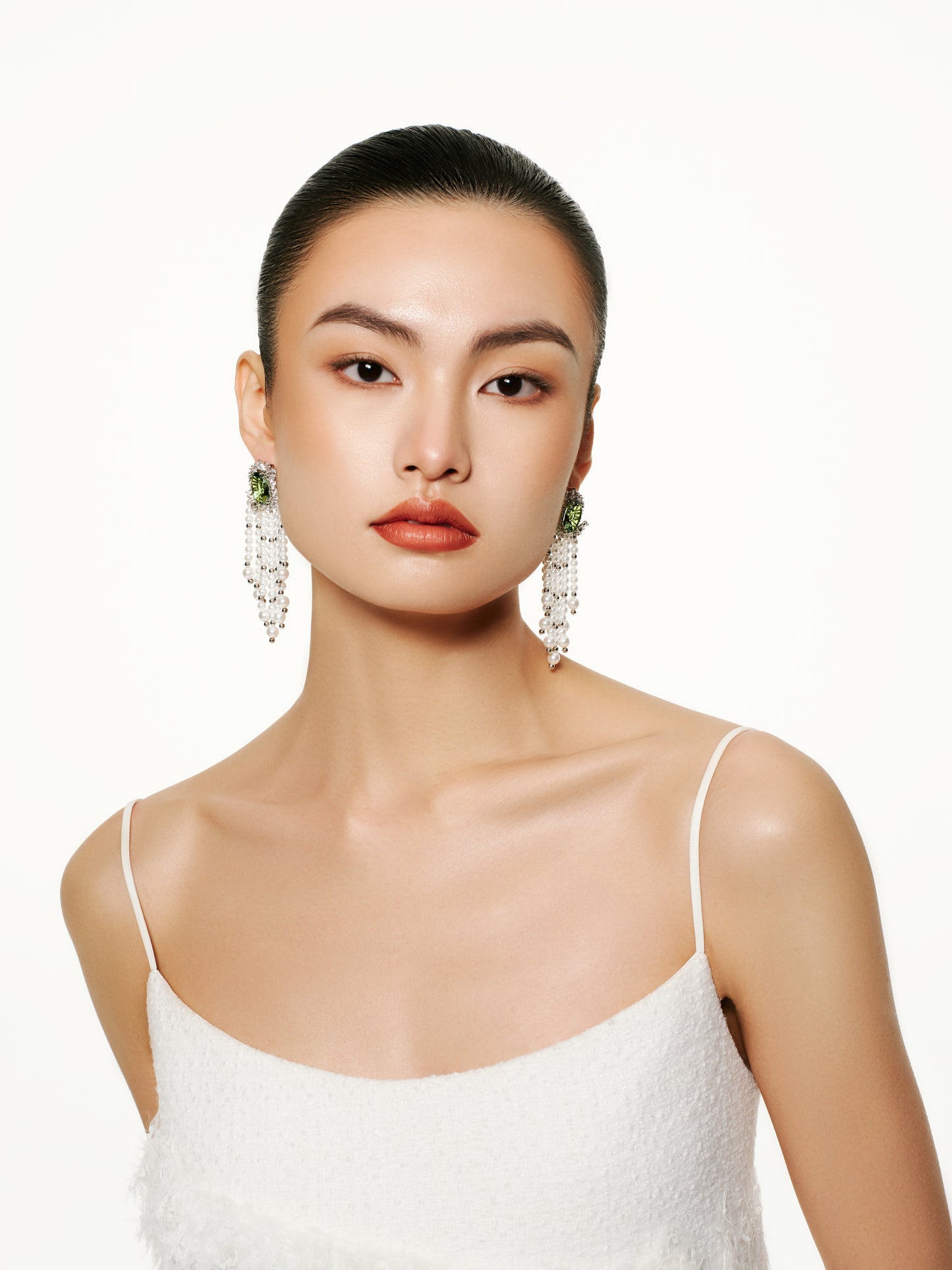 Green Crystal & Pearl Tassel Earrings