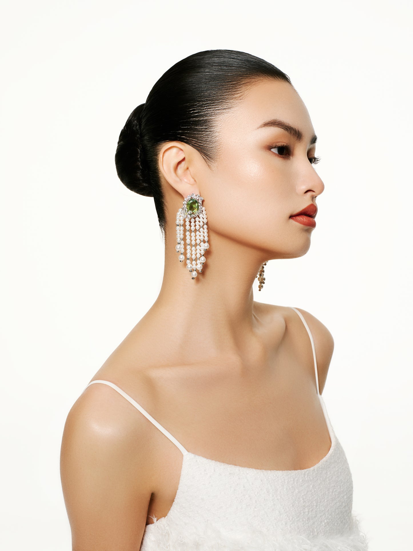 Green Crystal & Pearl Tassel Earrings