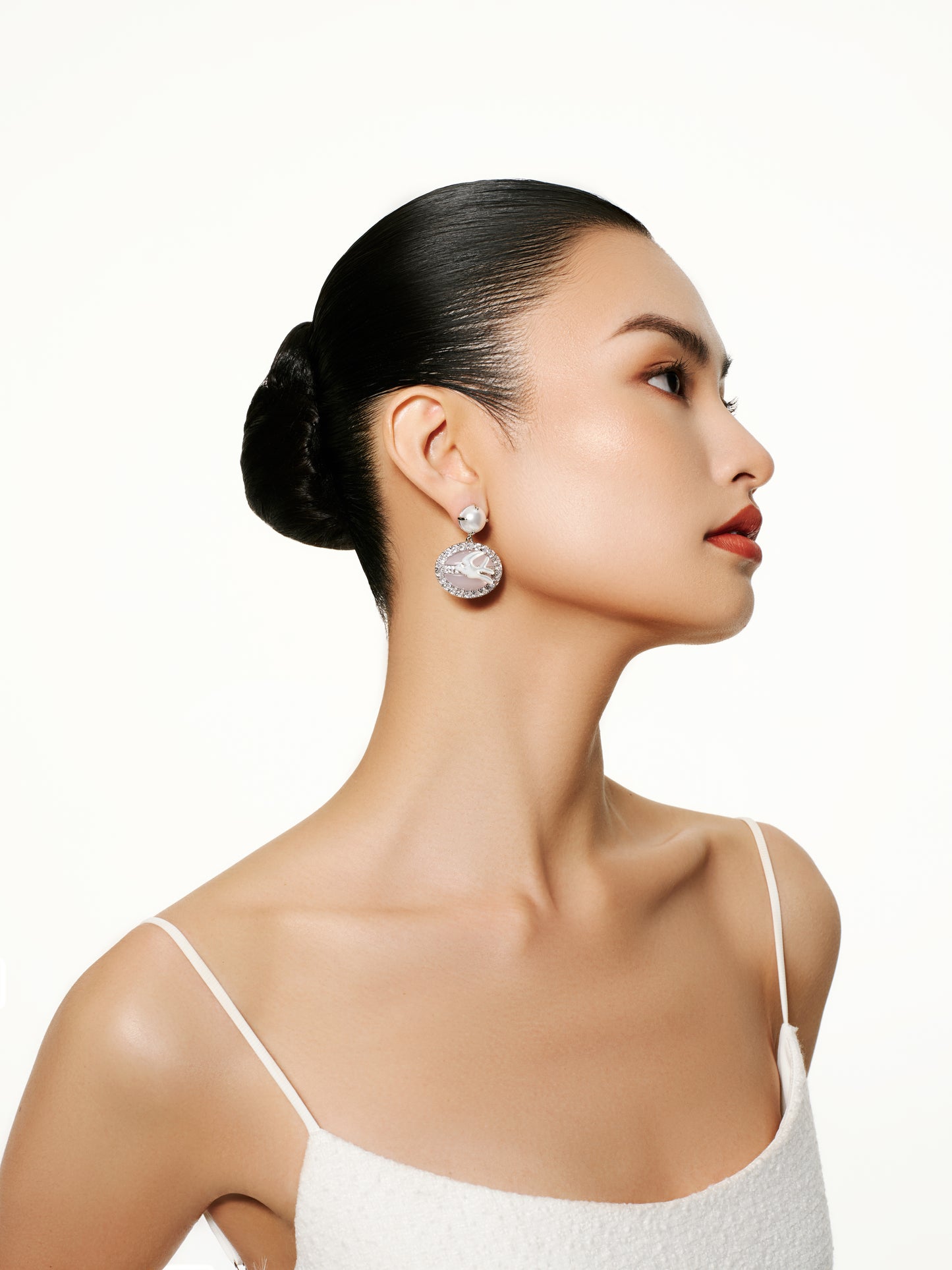 Mother-of-pearl Swallow Overlaid with Pink Glass Pearl Earrings