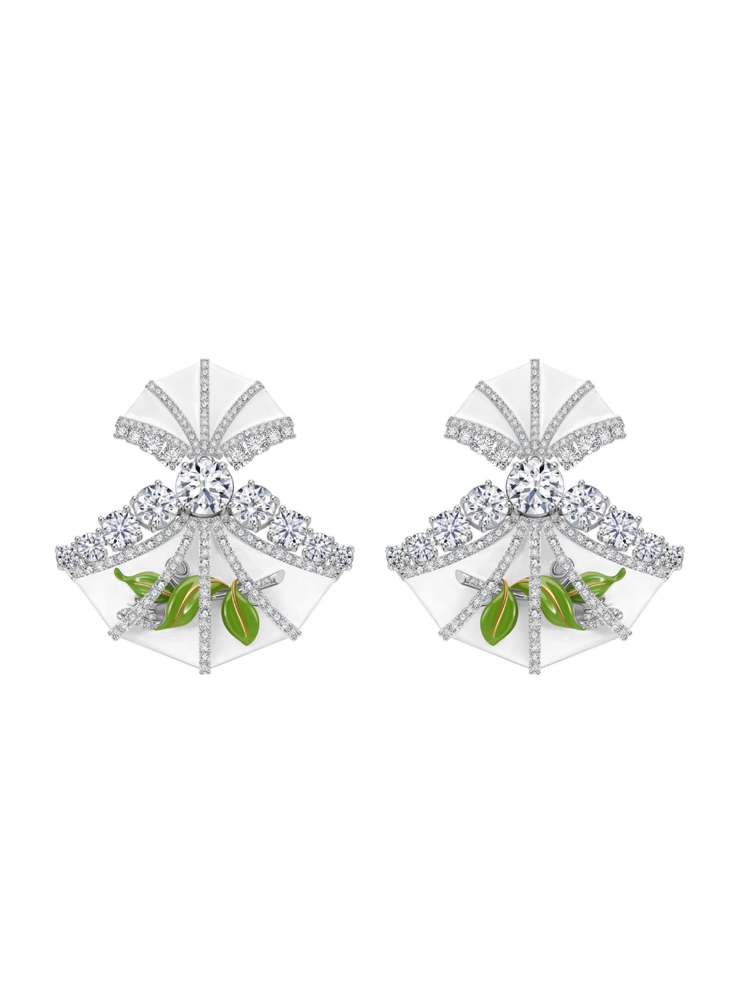 White Fan-shaped Enamel Adorned Vine Crystal Earrings
