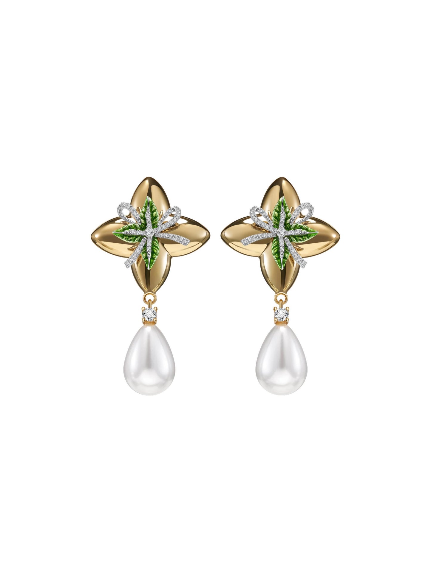 Golden Floral Knot Pearl Pendant Earrings