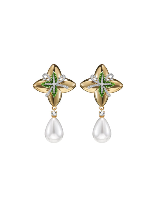 Golden Floral Knot Pearl Pendant Earrings