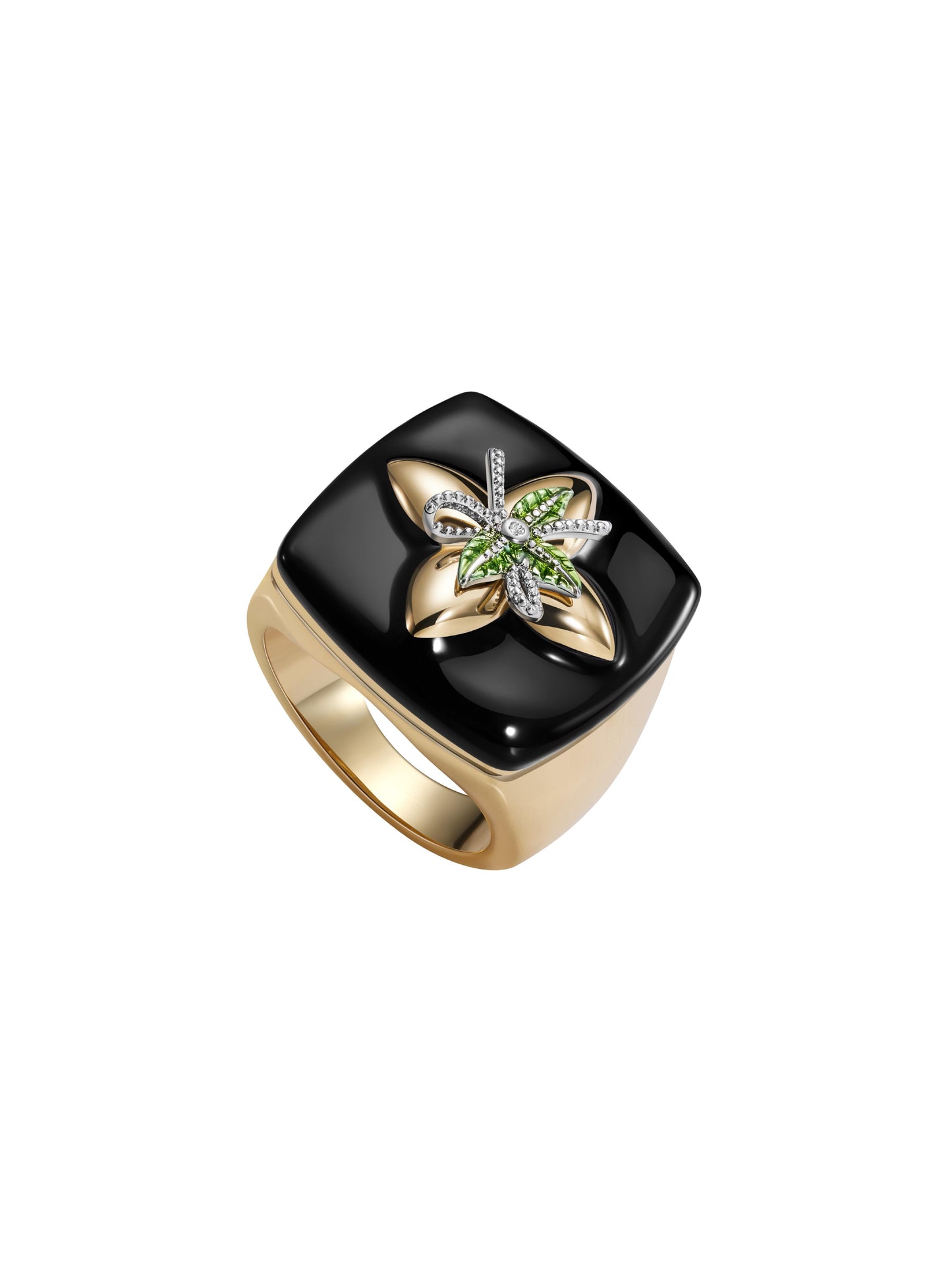 Black Enamel Inlaid Golden Floral Knot Ring
