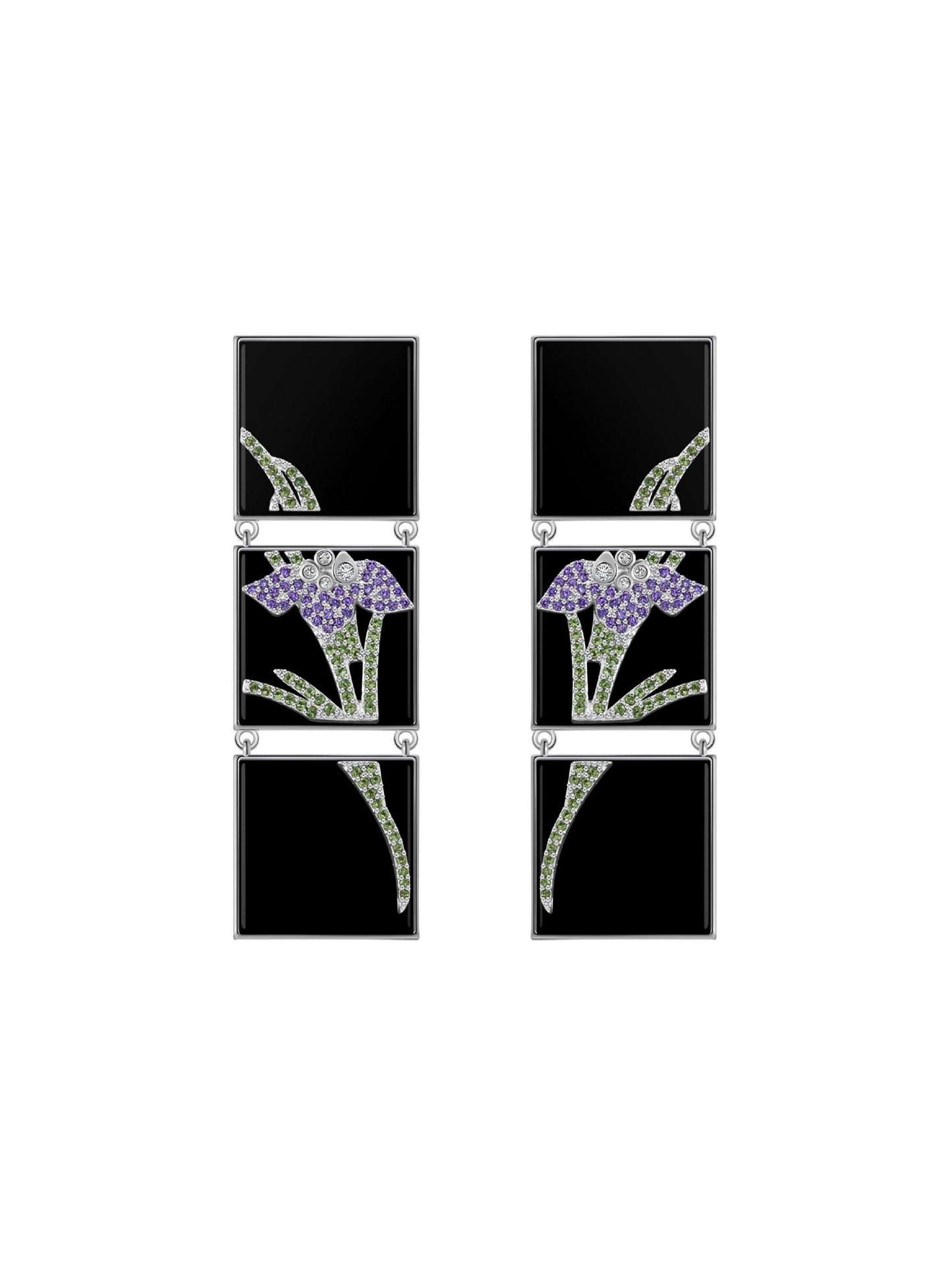 Three-screen Black Enamel Crystal Orchid Earrings