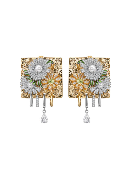 Hammered Gold Crystal Flower Cluster Square Earrings