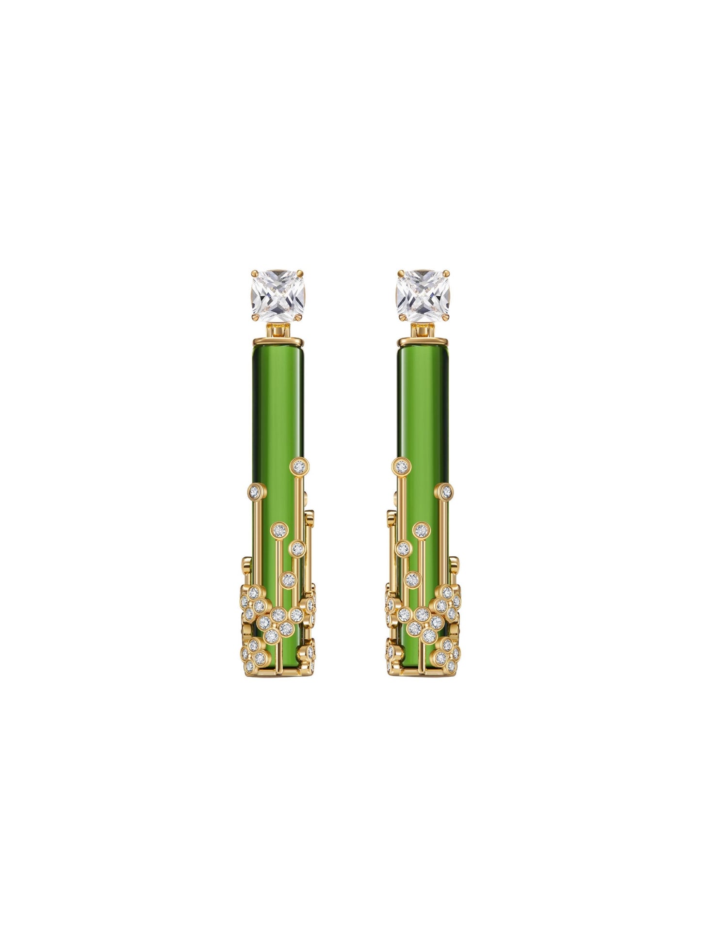 Golden Flower Cluster Wrapped Green Glass Earrings