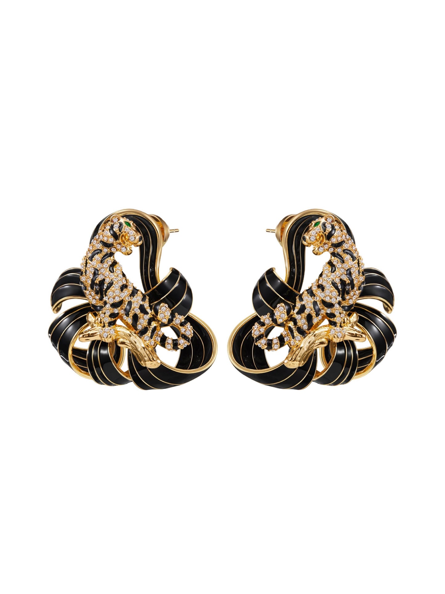 Black-Gold Enamel Ripple Crystal Tiger Earrings