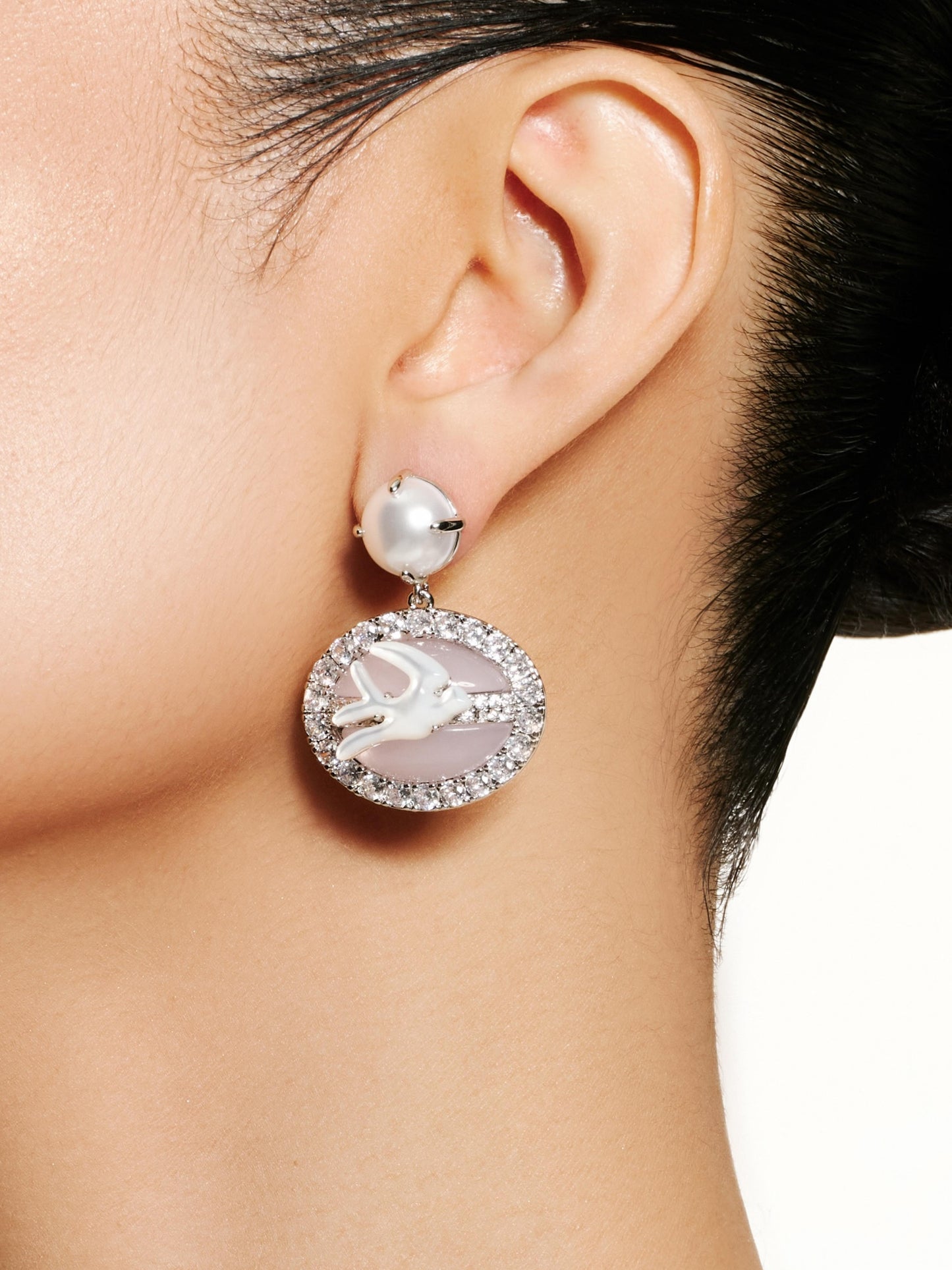 Mother-of-pearl Swallow Overlaid with Pink Glass Pearl Earrings