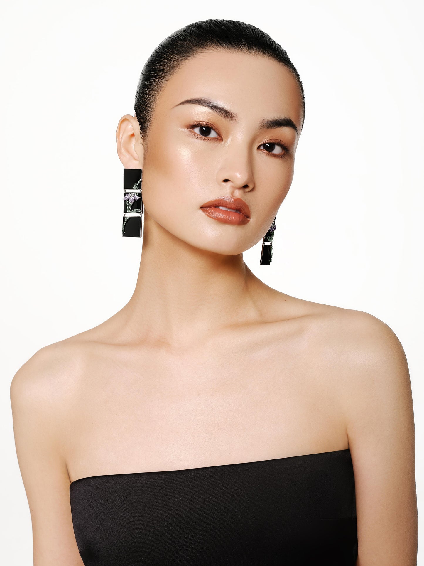 Three-screen Black Enamel Crystal Orchid Earrings
