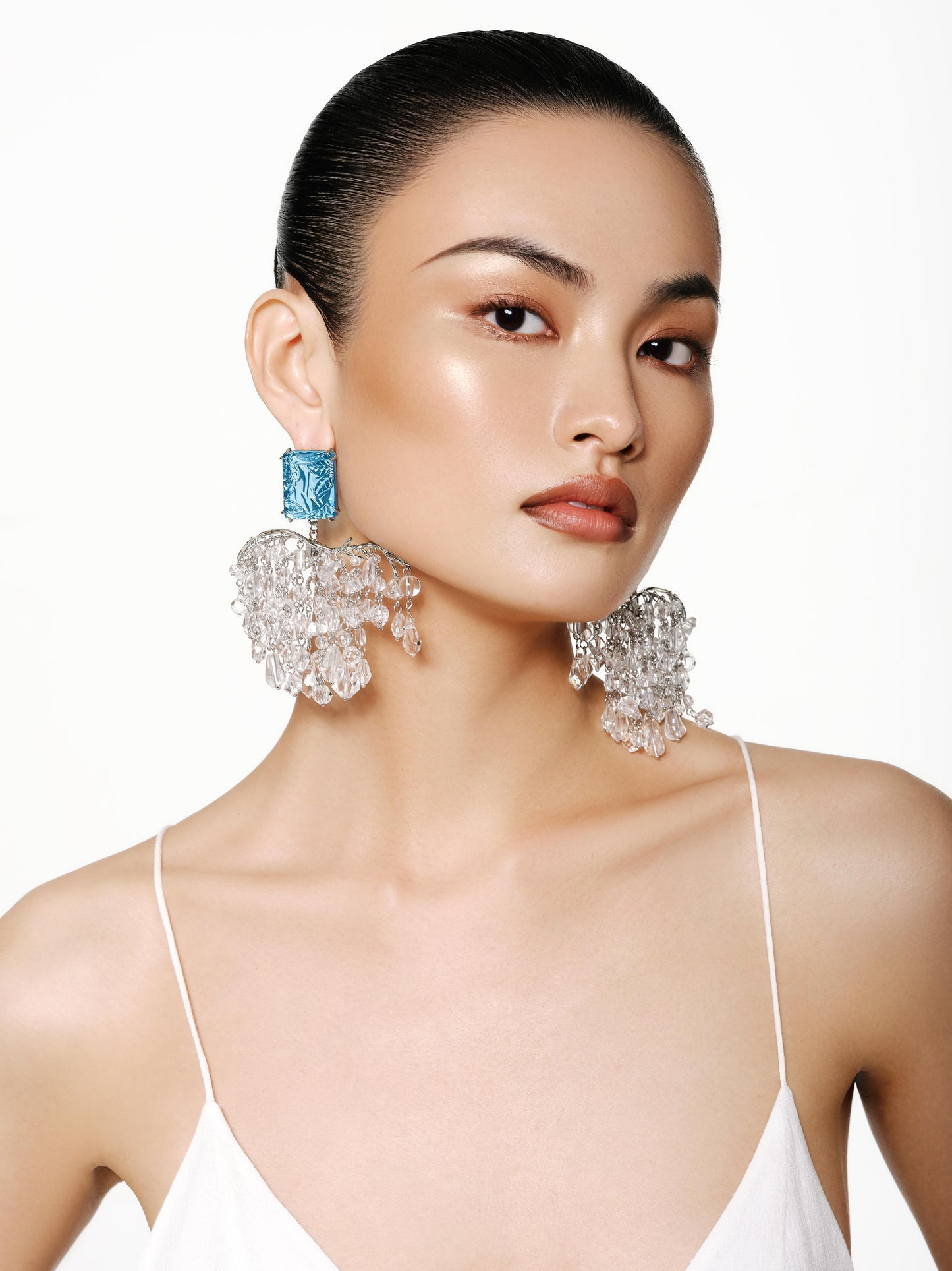 Blue Glass with Hidden Pattern Crystal Tassel Earrings