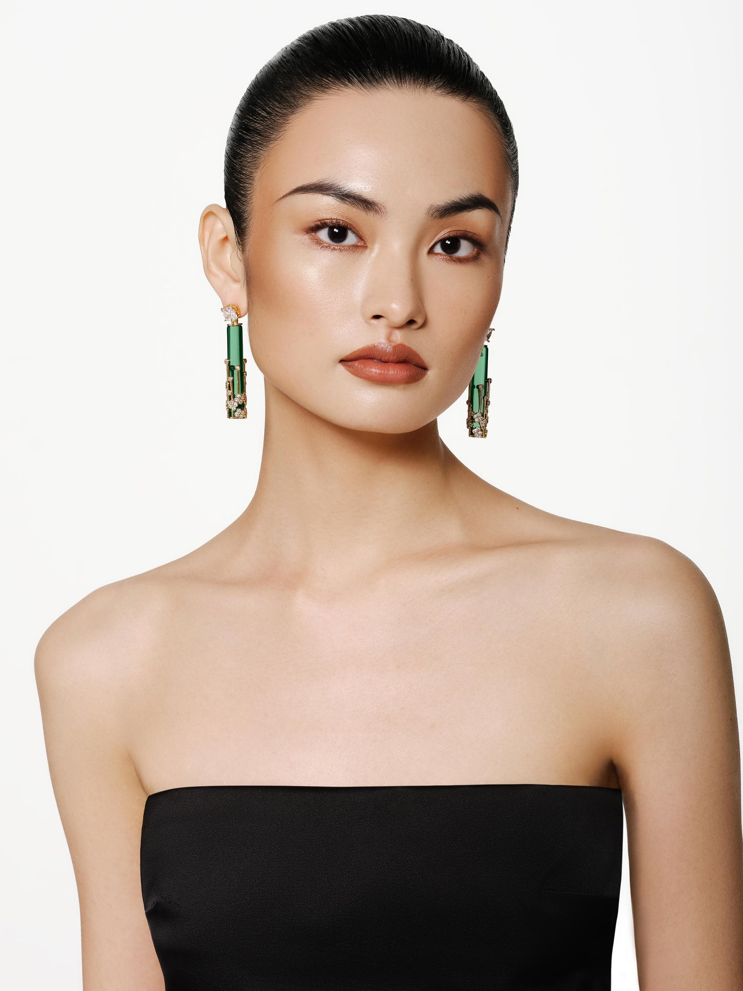 Golden Flower Cluster Wrapped Green Glass Earrings
