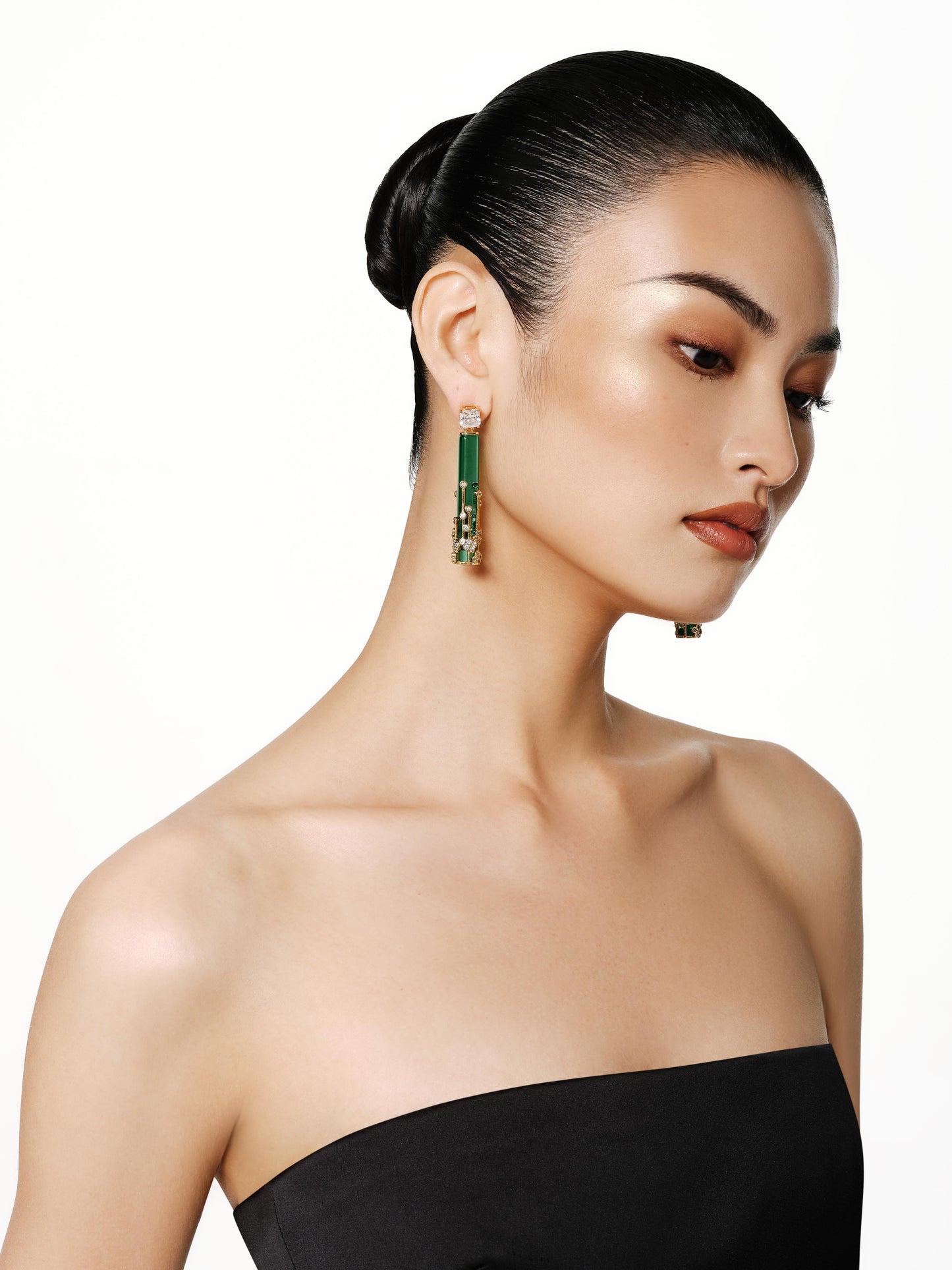 Golden Flower Cluster Wrapped Green Glass Earrings