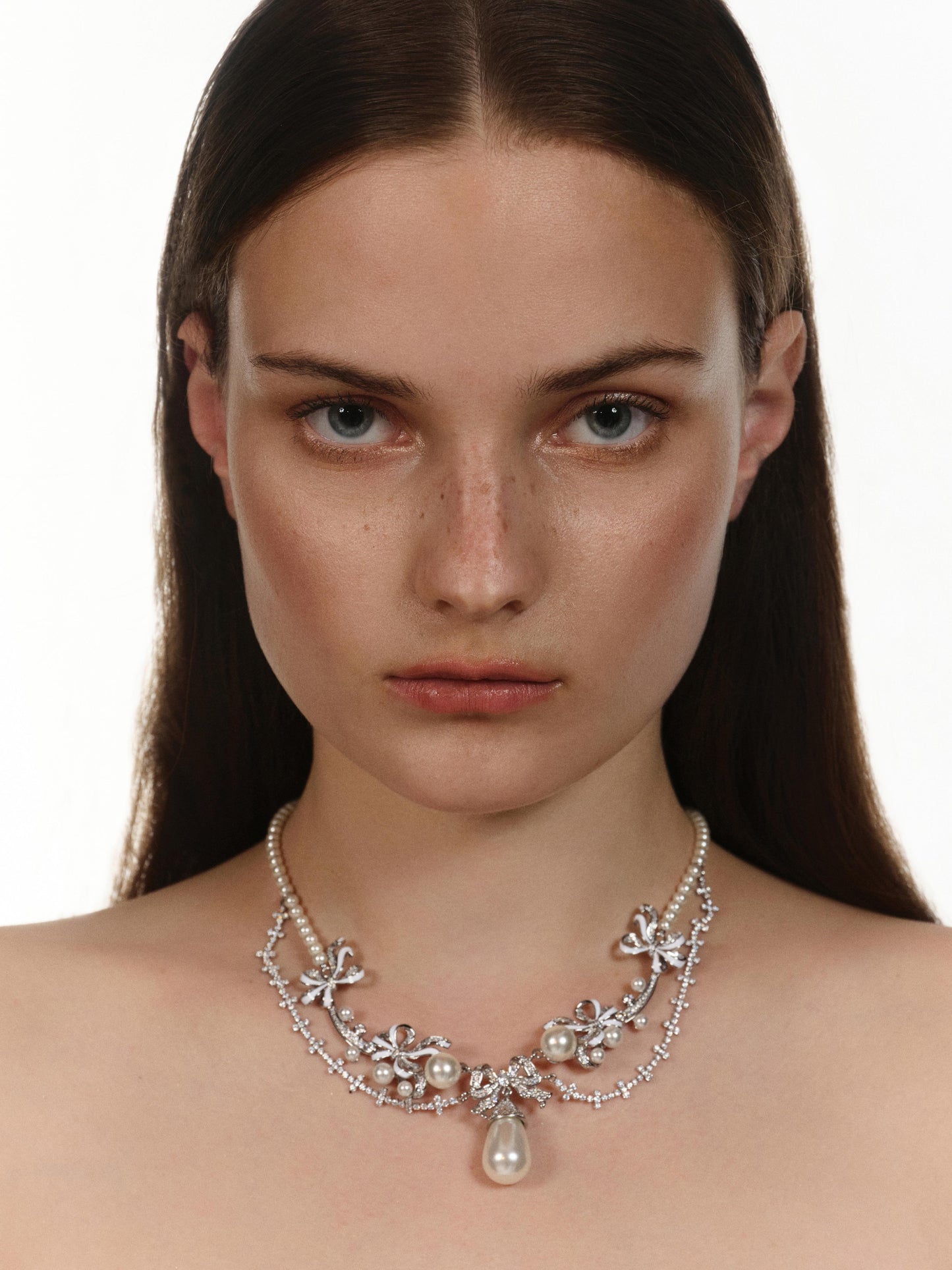 Enamel Ribbon Pearl Necklace