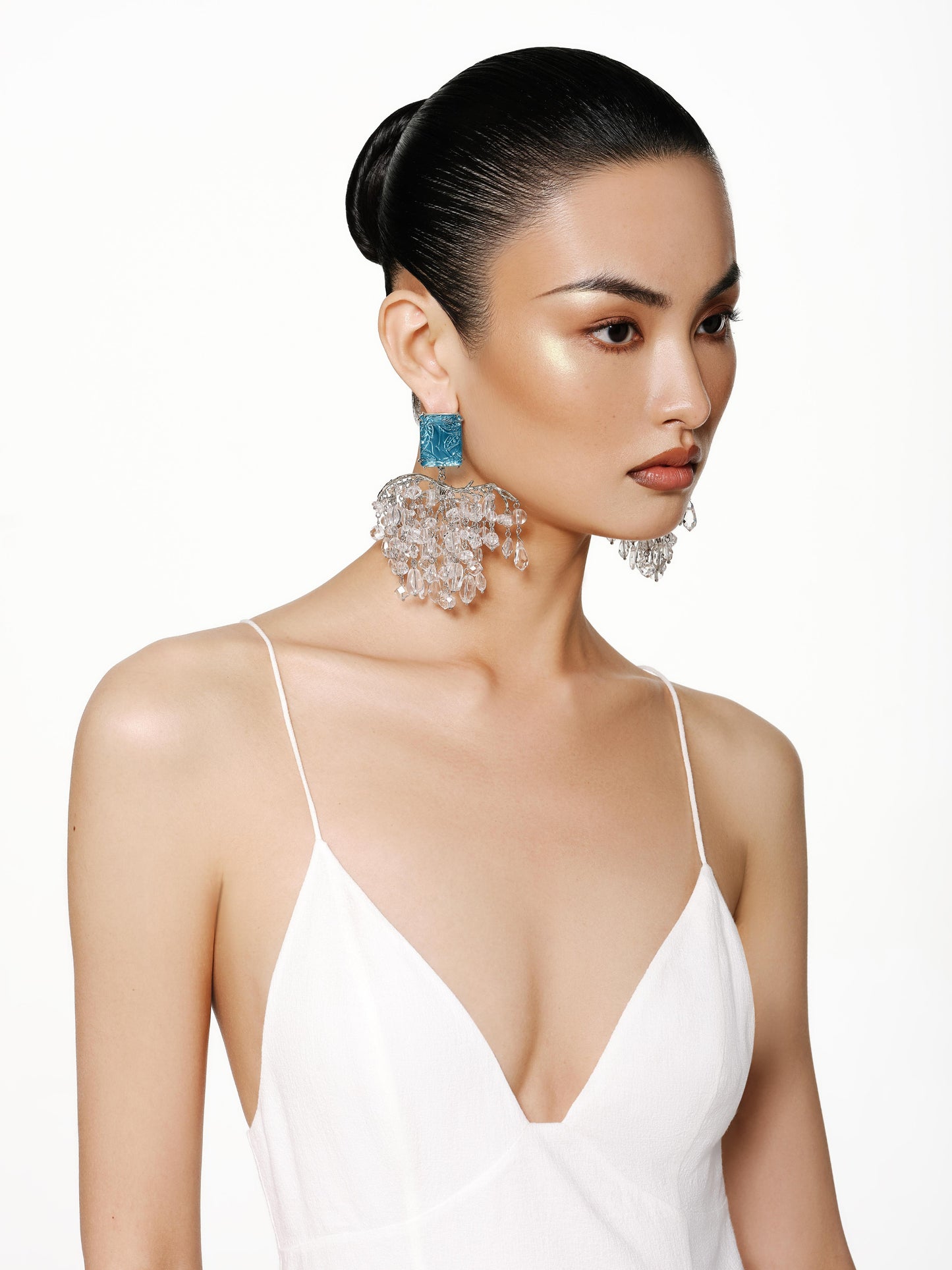 Blue Glass with Hidden Pattern Crystal Tassel Earrings