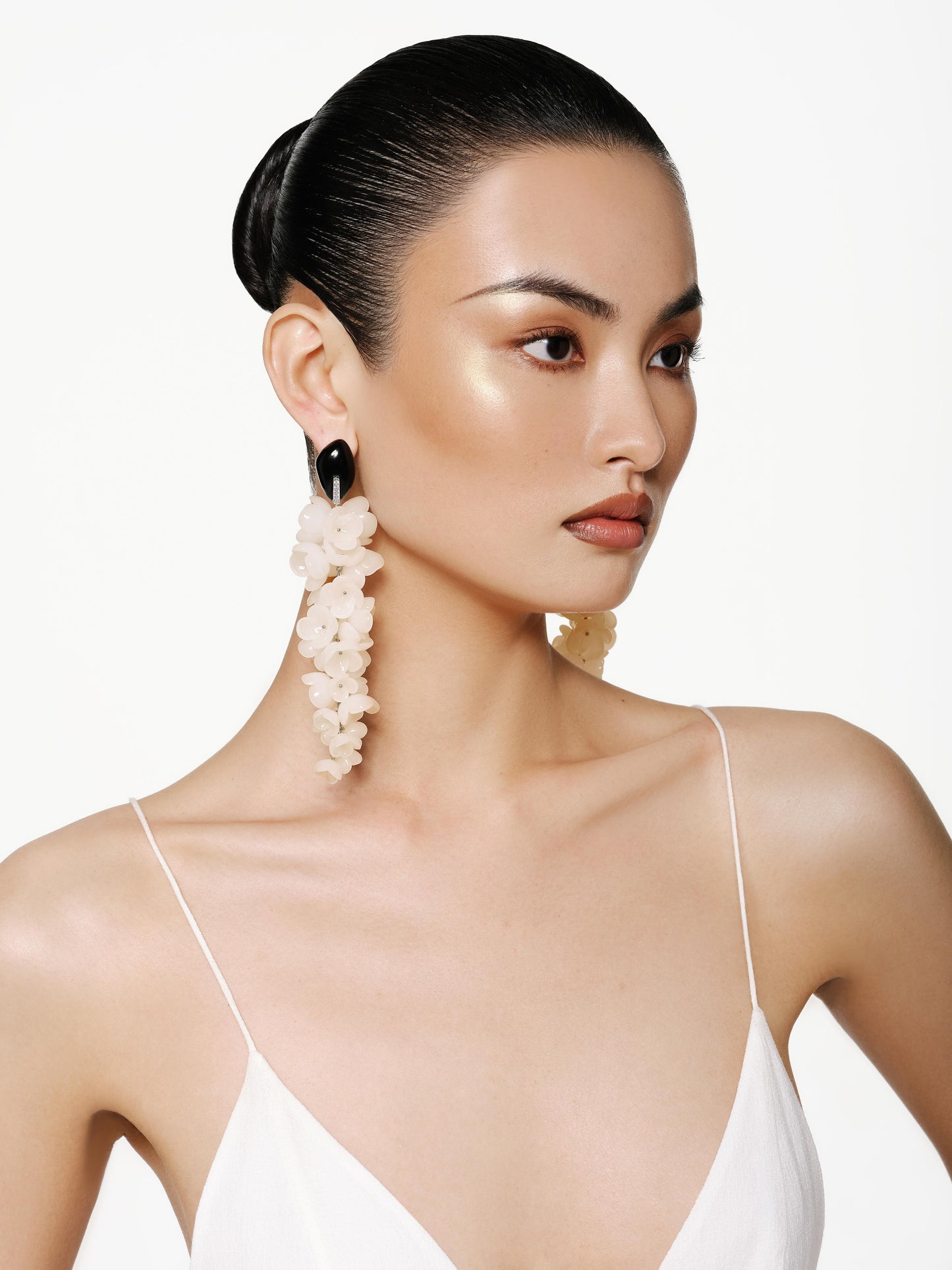 White Glass Floral Strand Earrings