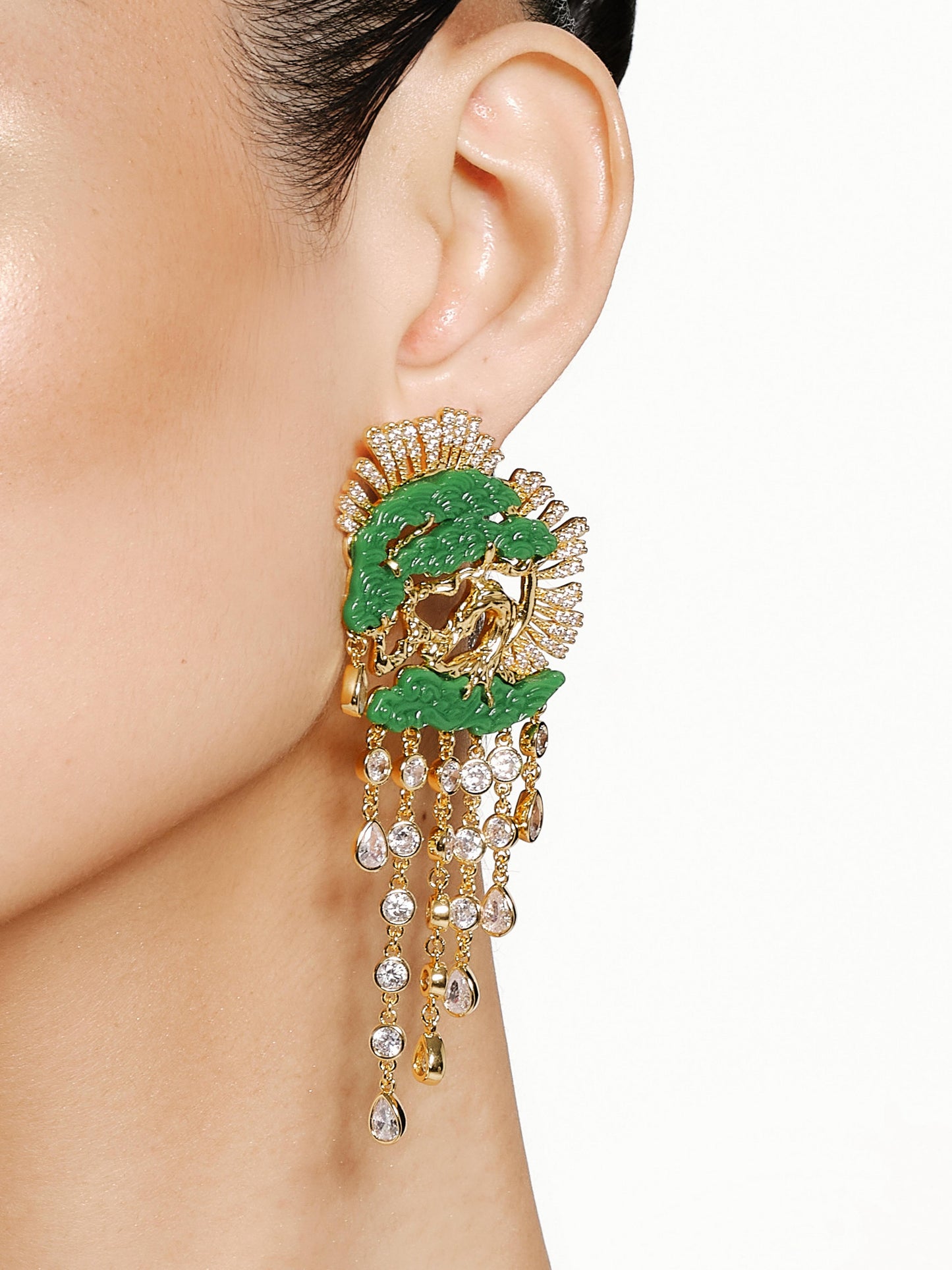 Shimmering Pine Crystal Tassel Earrings