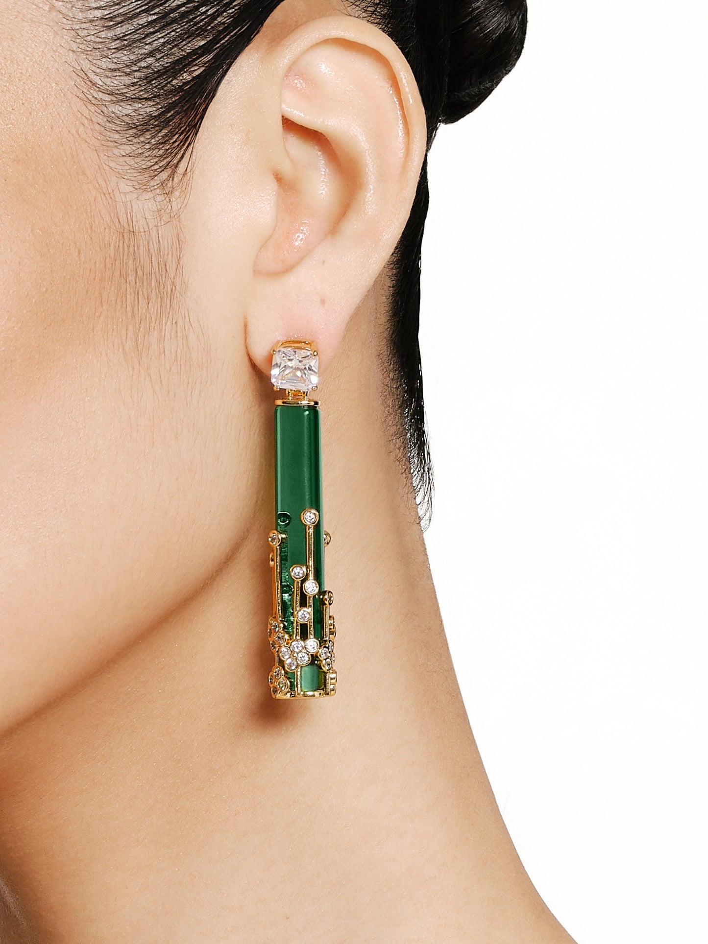 Golden Flower Cluster Wrapped Green Glass Earrings
