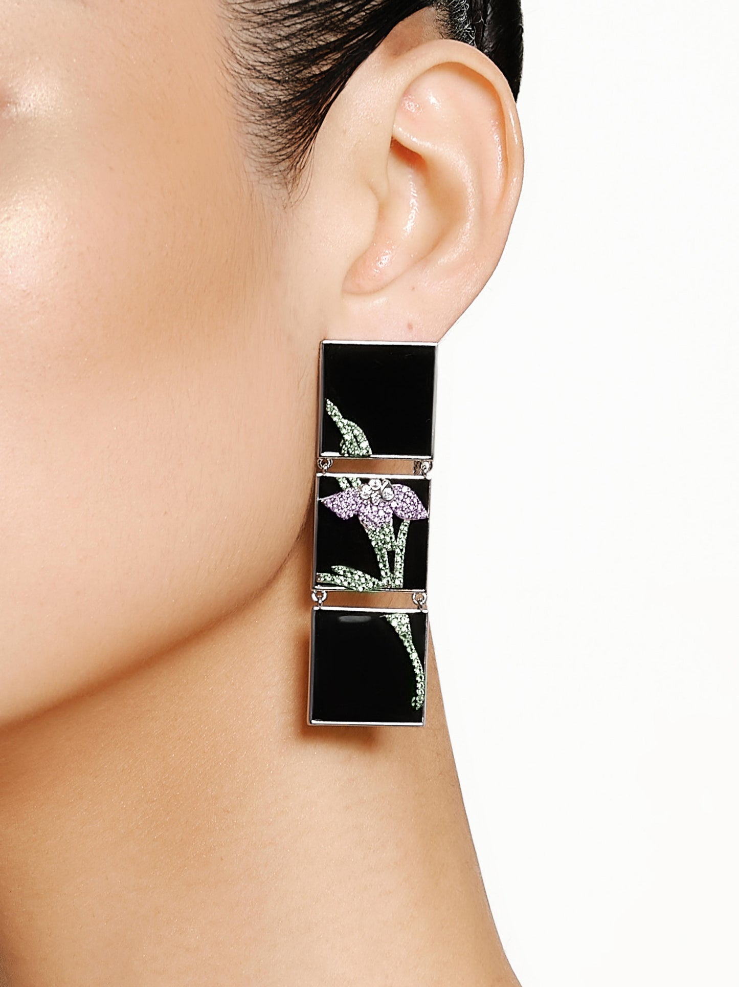 Three-screen Black Enamel Crystal Orchid Earrings