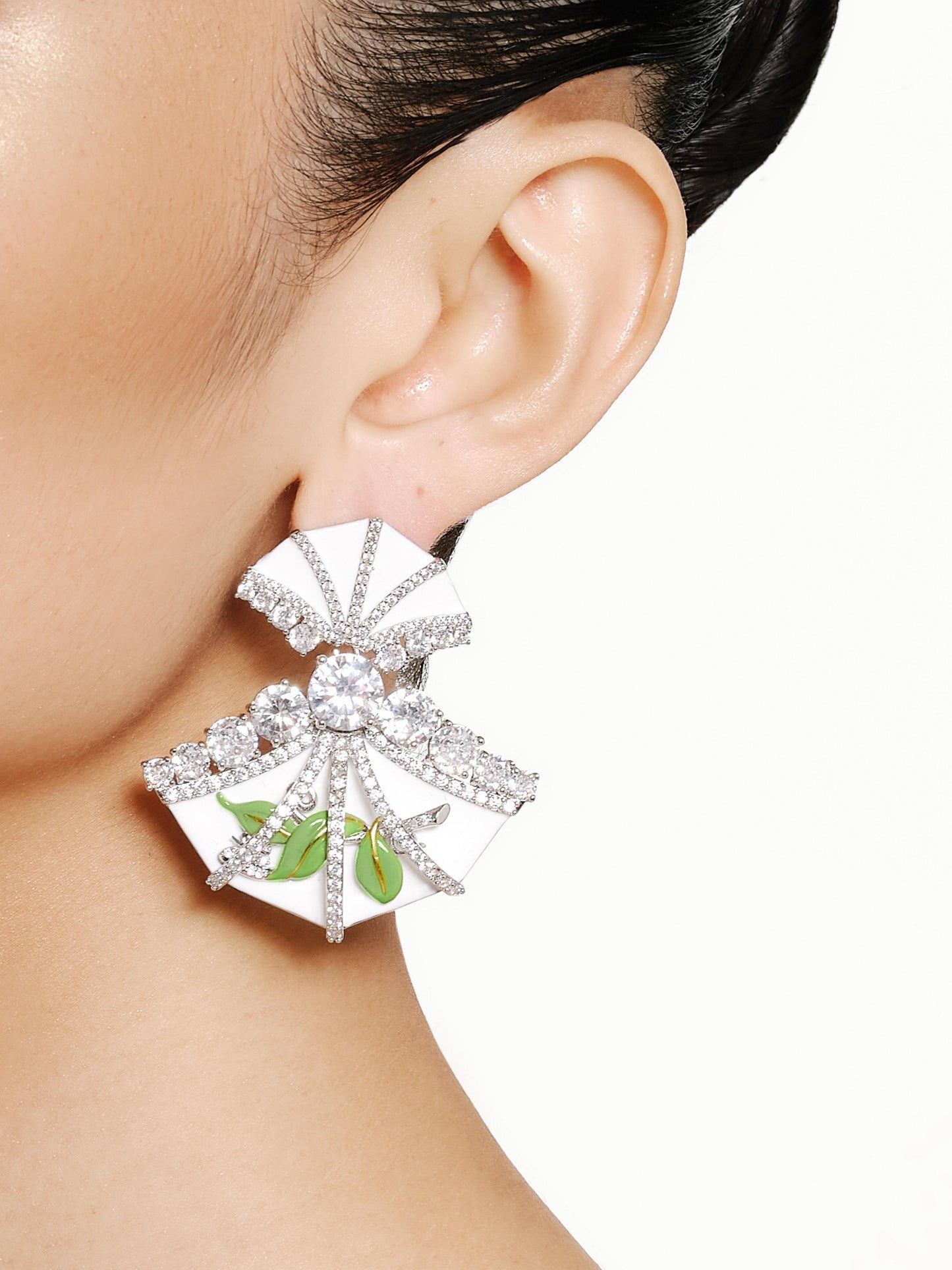 White Fan-shaped Enamel Adorned Vine Crystal Earrings