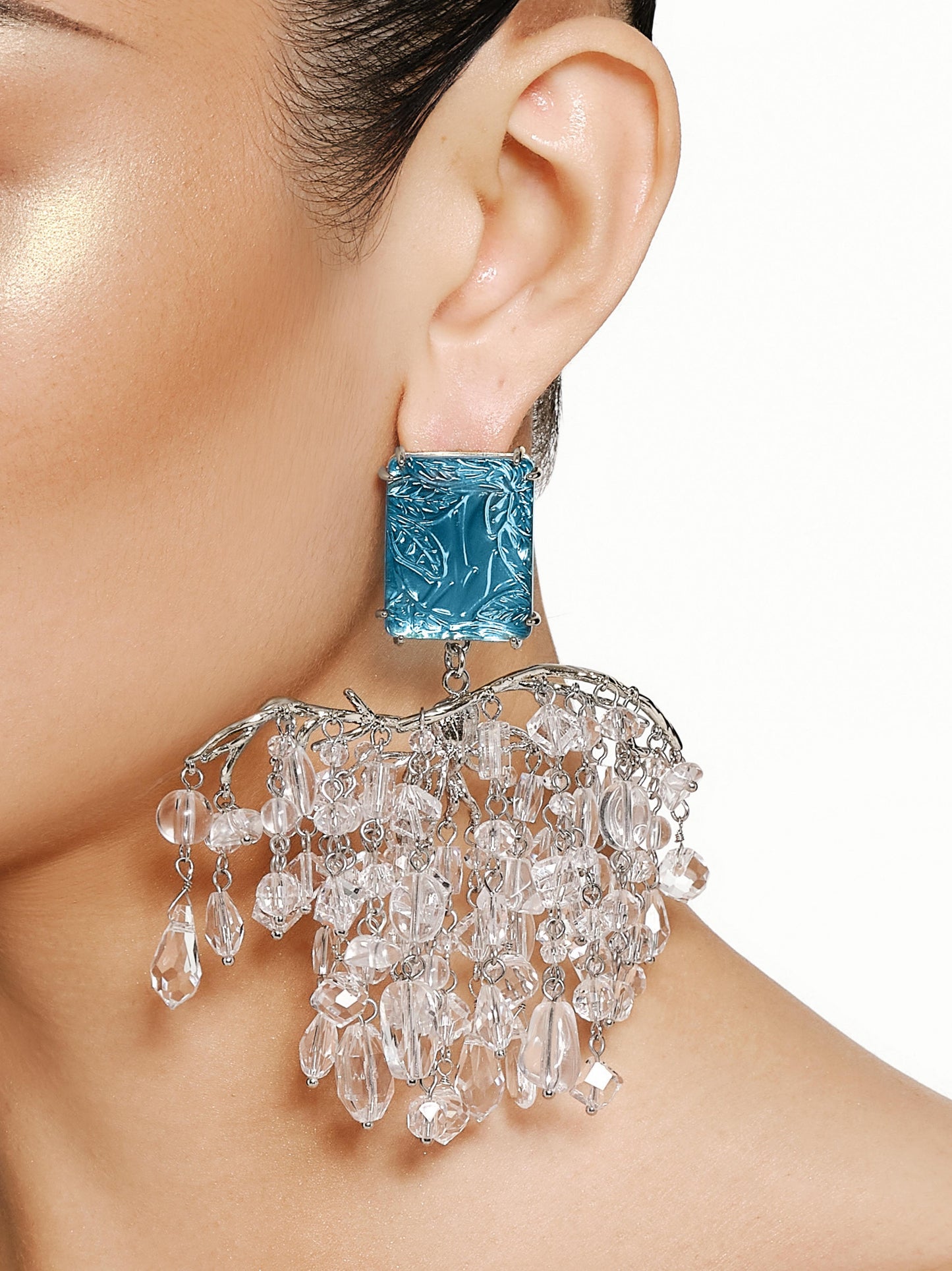 Blue Glass with Hidden Pattern Crystal Tassel Earrings