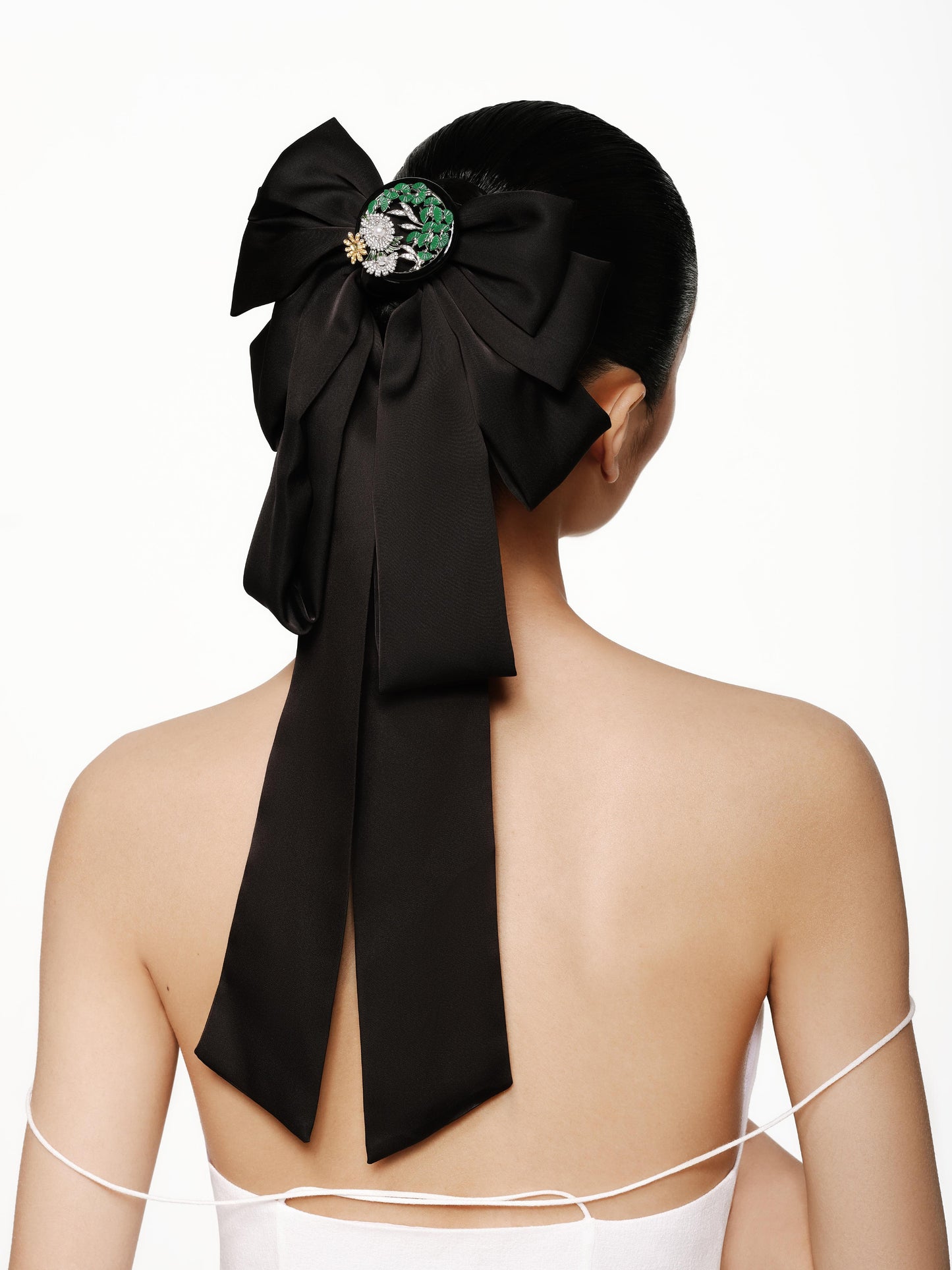 Crystal Flower with Pine Embellished Silk Bowknot Hair Tie