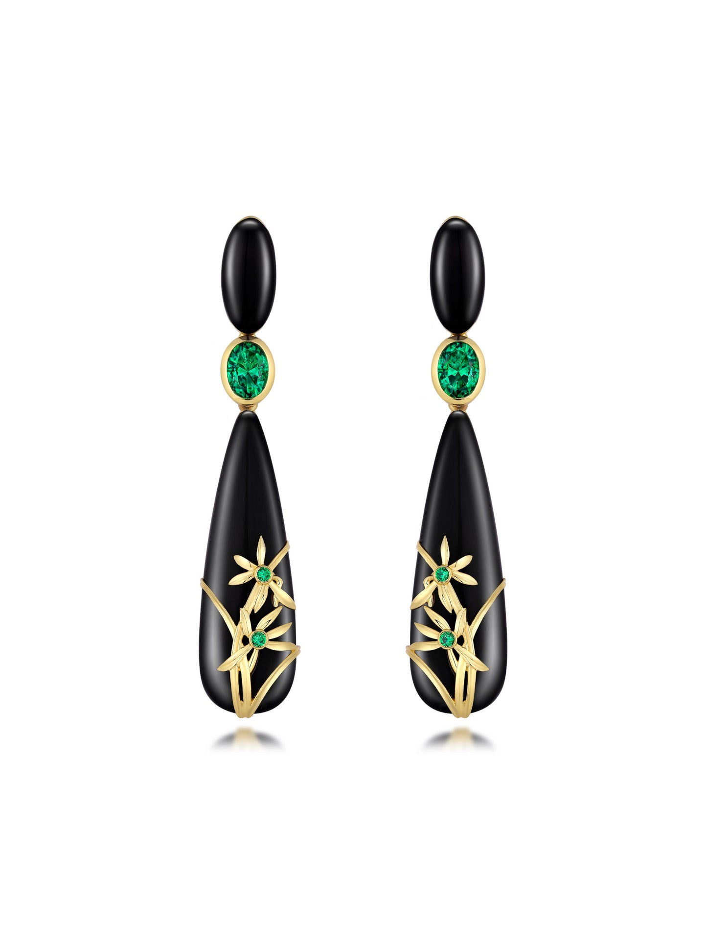 「Luxuriant Golden Orchids」 Emeralds & Agate Earrings