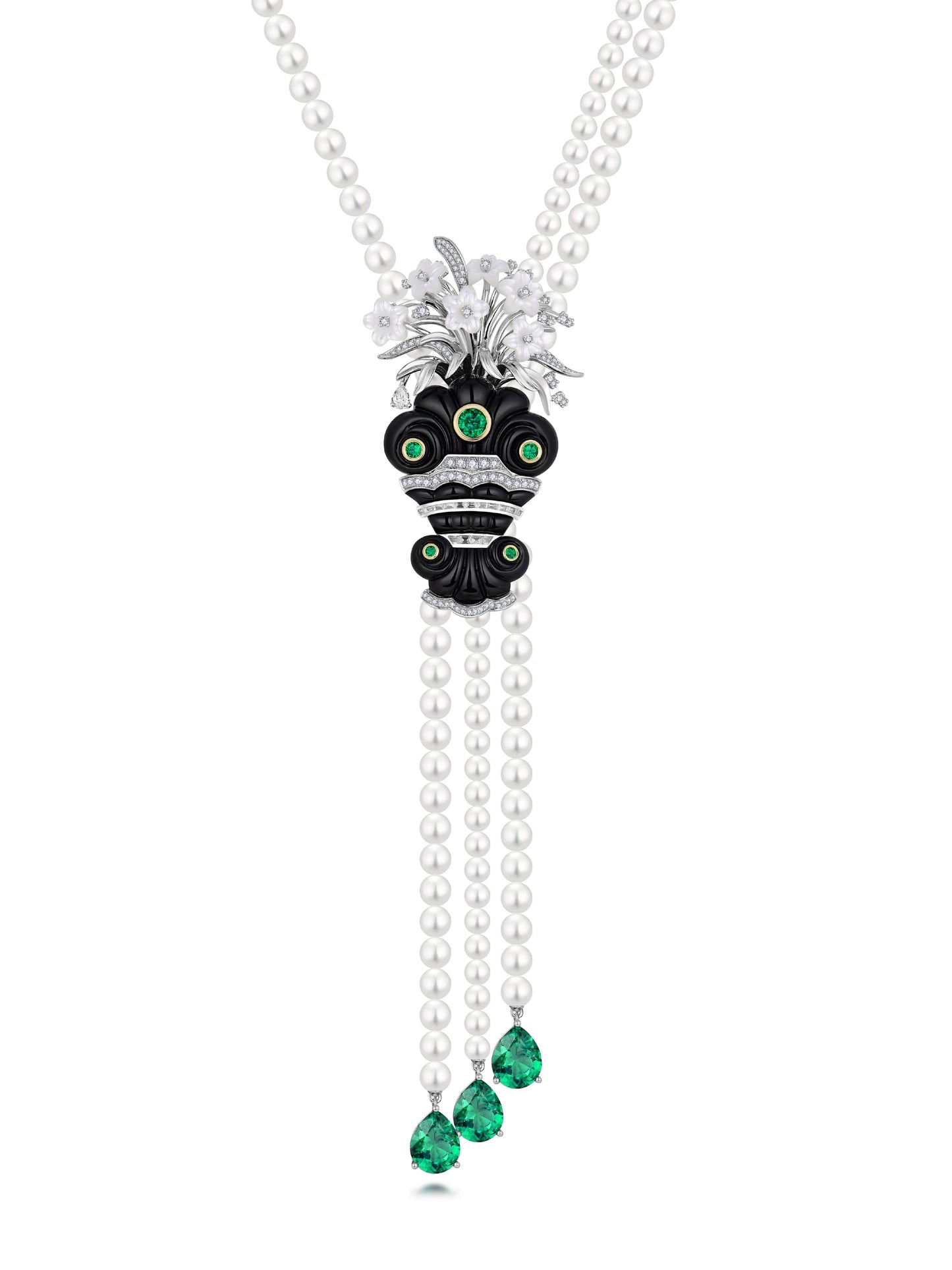 「Ingenious Linglong Narcissus」 Emeralds & Agate Detachable Pearl Necklace