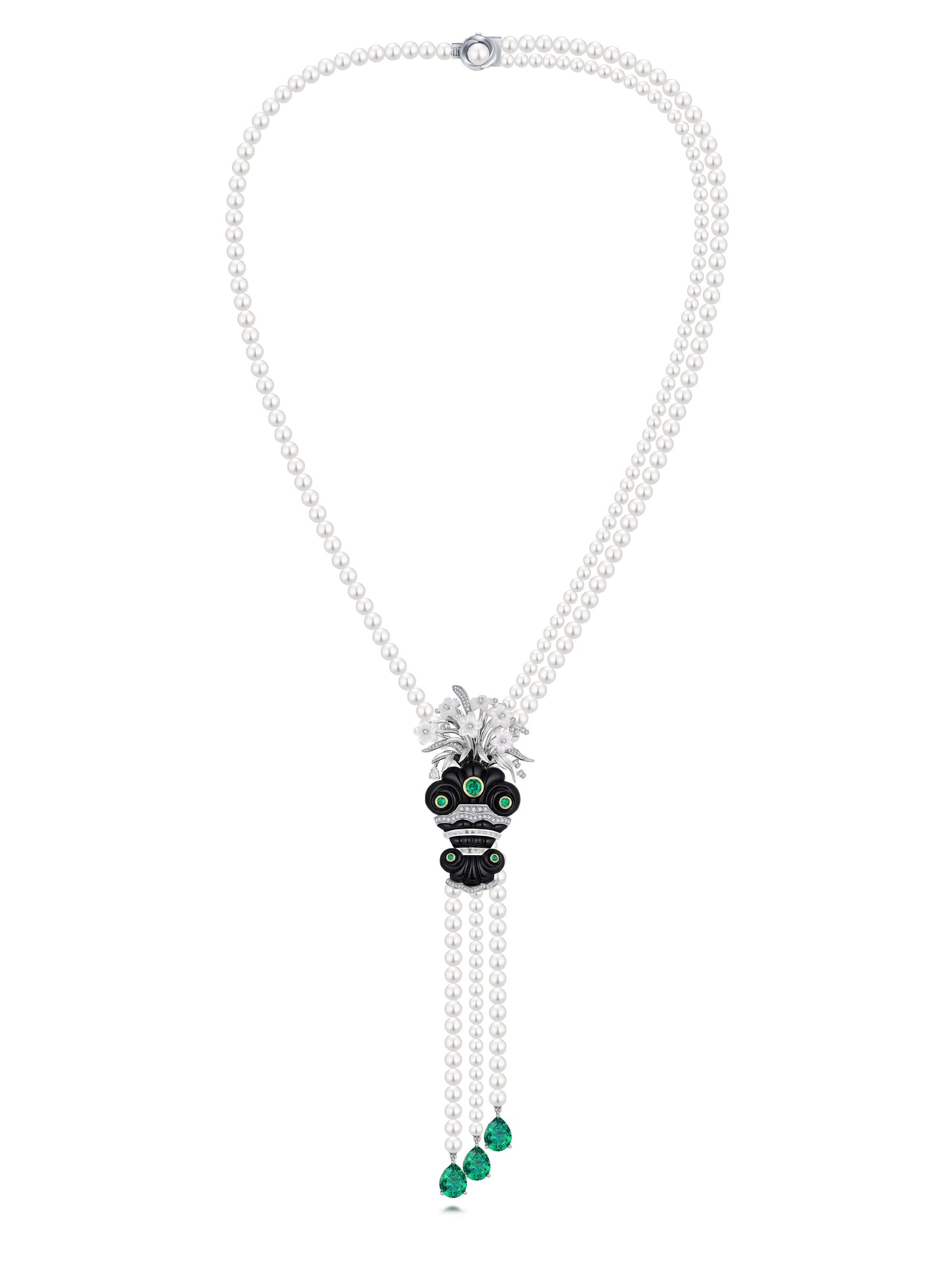 「Ingenious Linglong Narcissus」 Emeralds & Agate Detachable Pearl Necklace