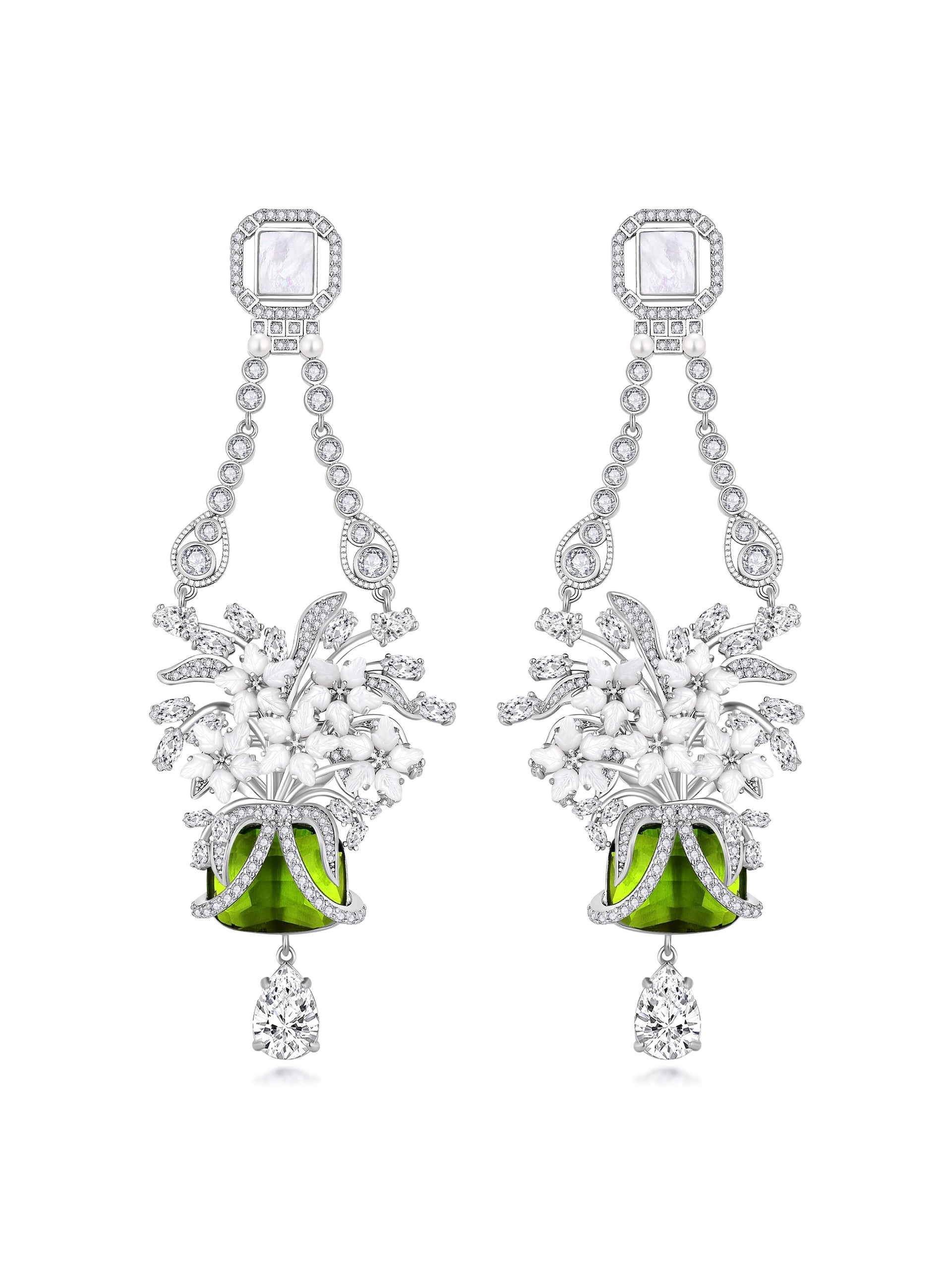 Asian Style Mother-of-pearl Crystal Floral Chandelier Earrings