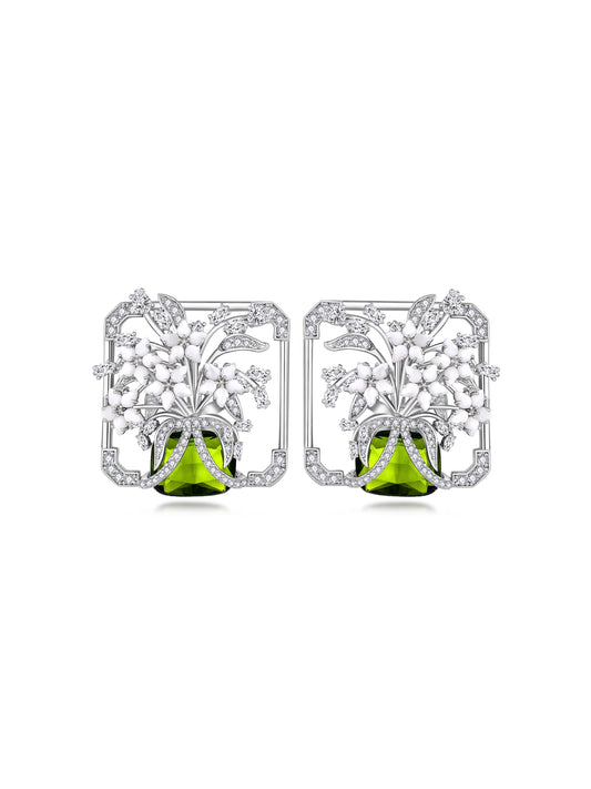 Square Frame Mother-of-pearl Floral Inlays with Green Crystal Earrings