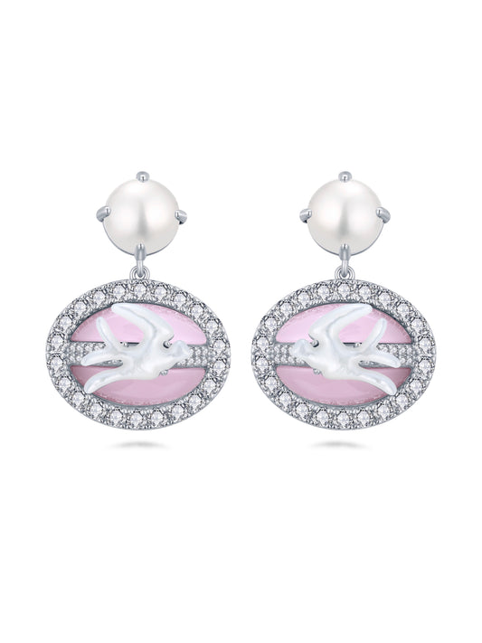 Mother-of-pearl Swallow Overlaid with Pink Glass Pearl Earrings