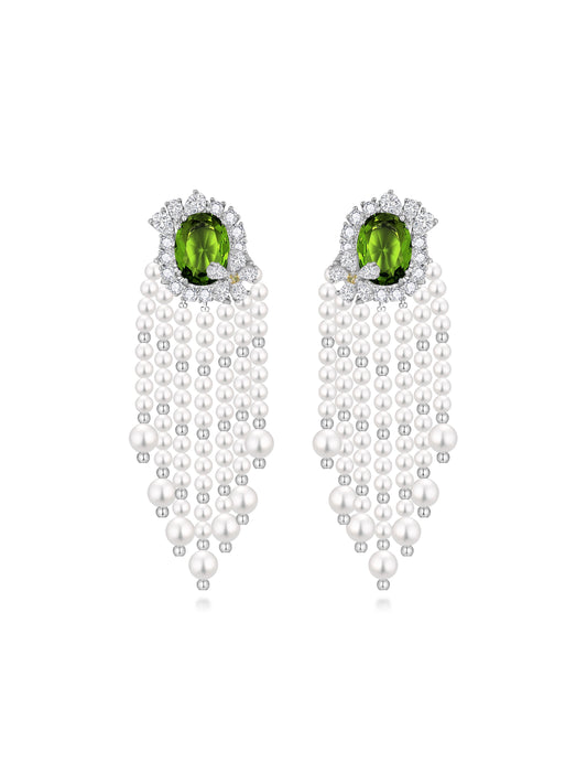 Green Crystal & Pearl Tassel Earrings