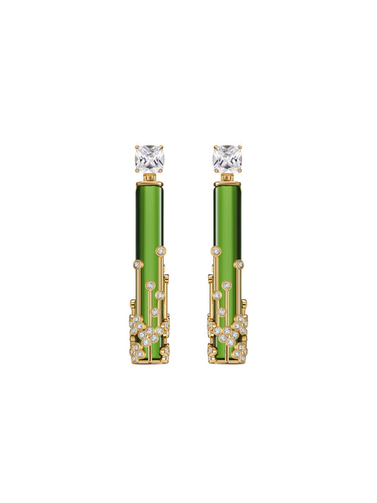 Golden Flower Cluster Wrapped Green Glass Earrings