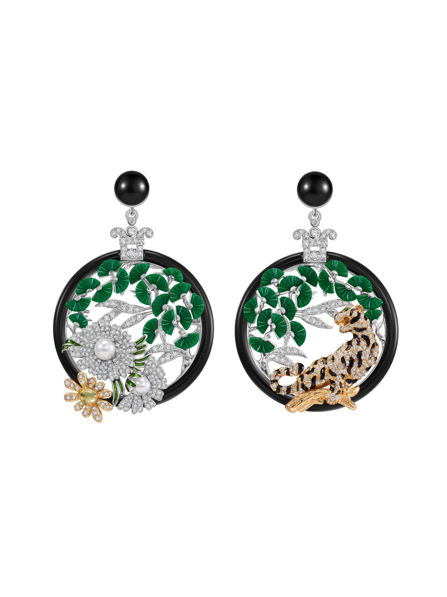 Crystal Tiger with Pine & Floral Window Scene Asymmetrical Earrings