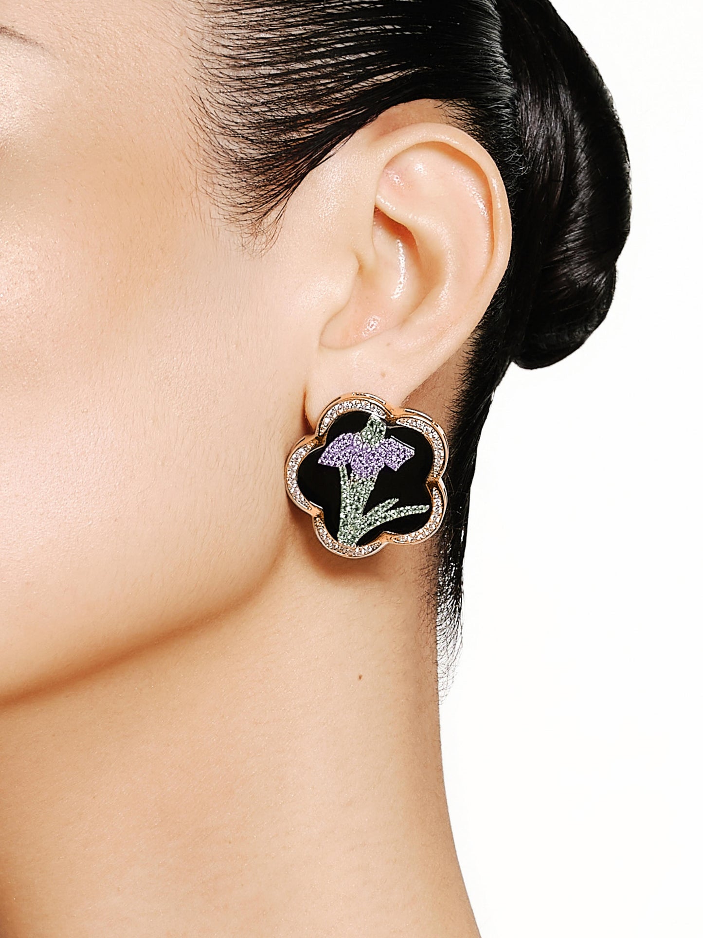 Plum Blossom Shape Enamel Crystal Orchid Earrings