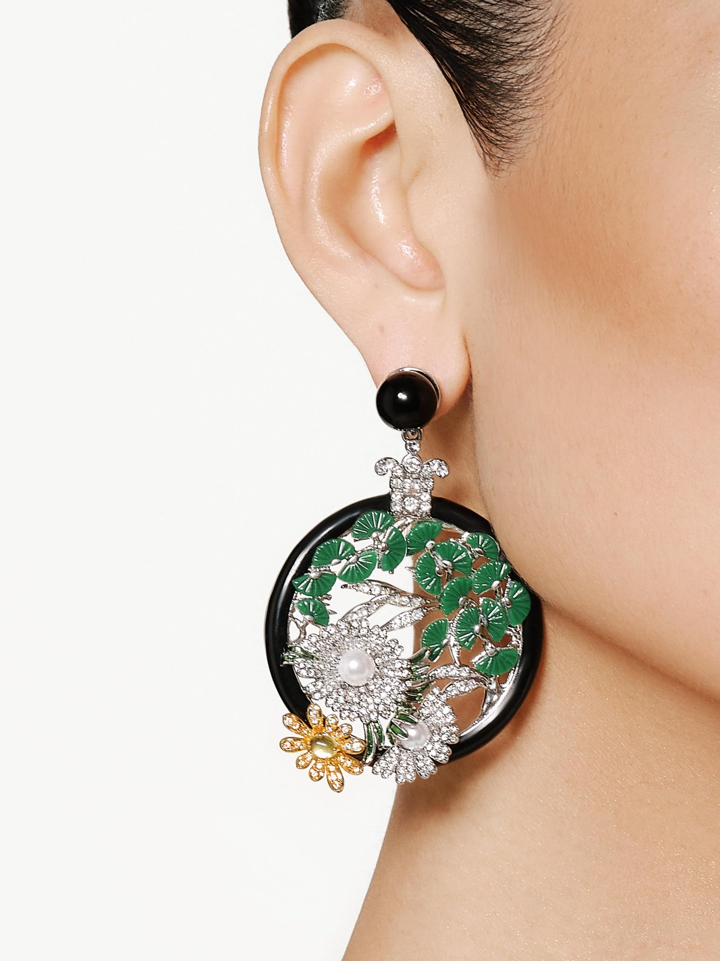 Crystal Tiger with Pine & Floral Window Scene Asymmetrical Earrings