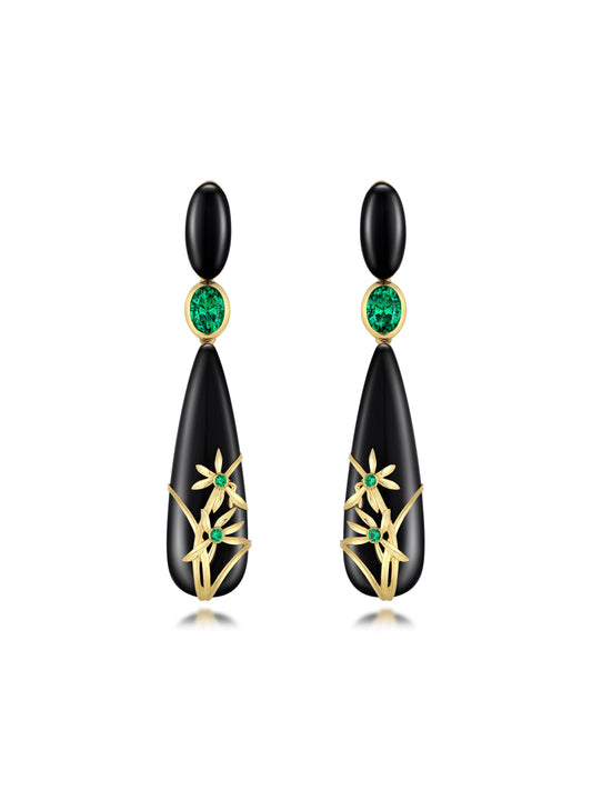 「Luxuriant Golden Orchids」 Emeralds & Agate Earrings