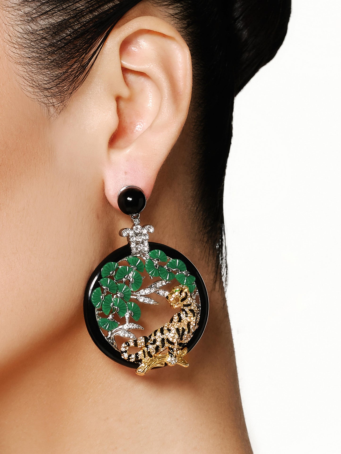 Crystal Tiger with Pine & Floral Window Scene Asymmetrical Earrings