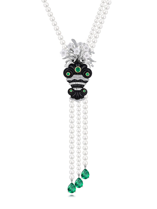 「Ingenious Linglong Narcissus」 Emeralds & Agate Detachable Pearl Necklace